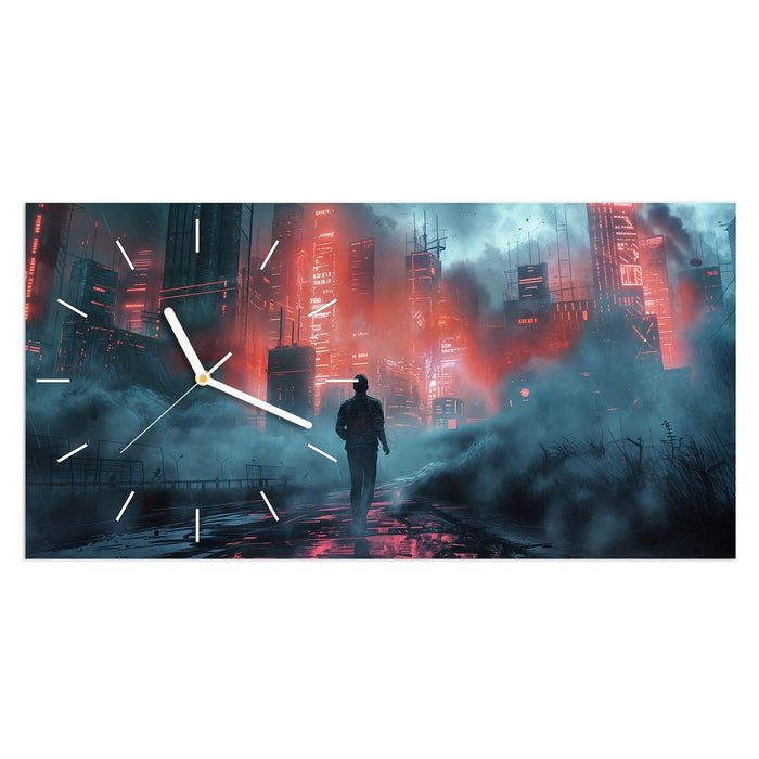 Wanduhr Neonstadt aus Glas – Querformat 60 × 30 cm mit Ziffernblatt Linie