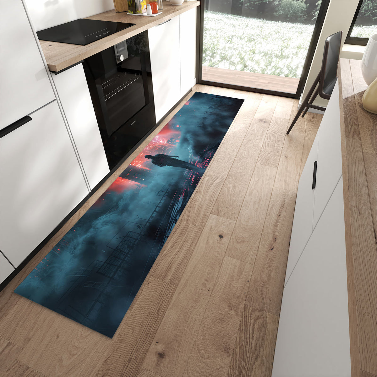 Fleckenresistenter waschbarer Teppich mit Motiv Neonstadt in moderner Küche