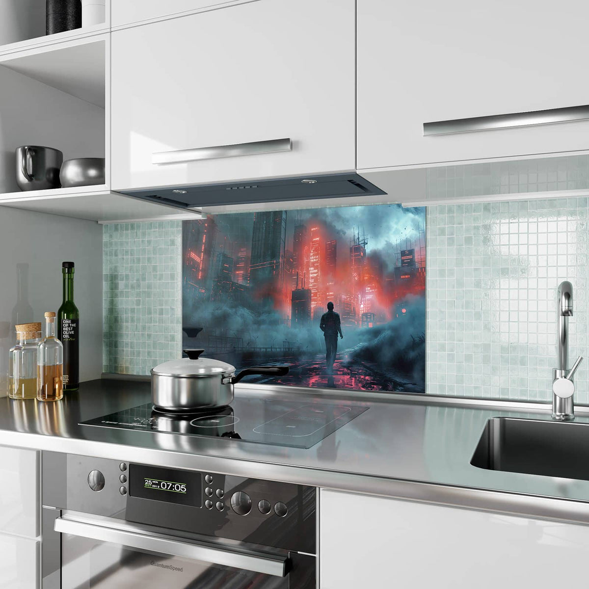 Küchenrückwand aus Glas Stadt im roten Neonlicht im Hochformat als Spritzschutz hinter dem Kochfeld, über dem Fliesenspiegel montiert