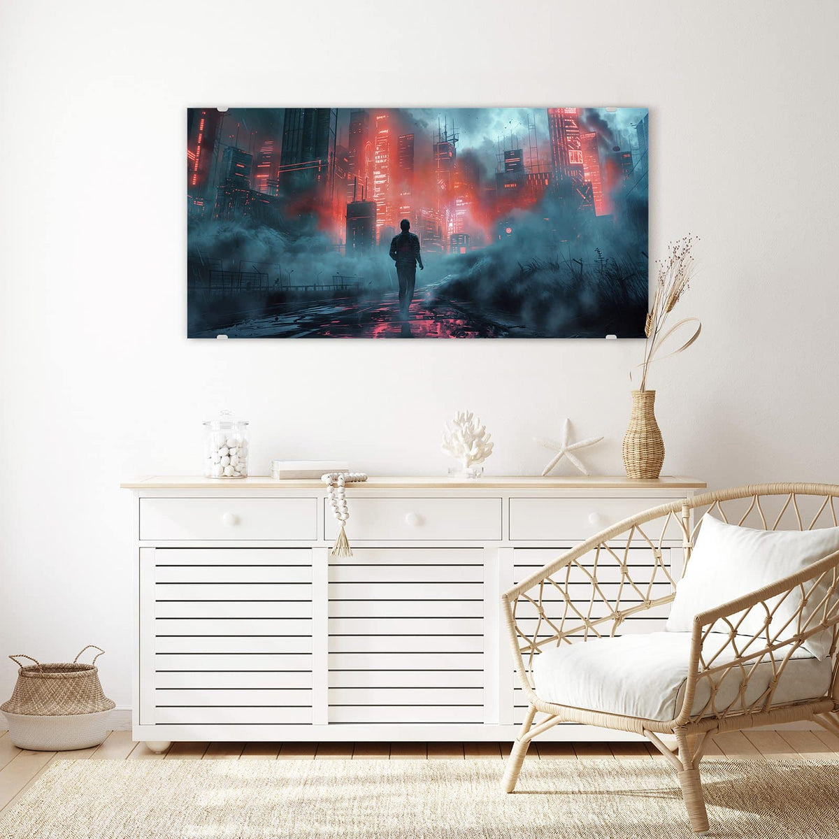 Echtglas, 4 mm – kein Acryl, keine Folie – Wandbild - Stadt im roten Neonlicht - Querformat