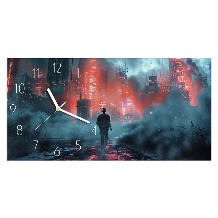 Wanduhr Neonstadt aus Glas – Querformat 60 × 30 cm mit Ziffernblatt Elegant
