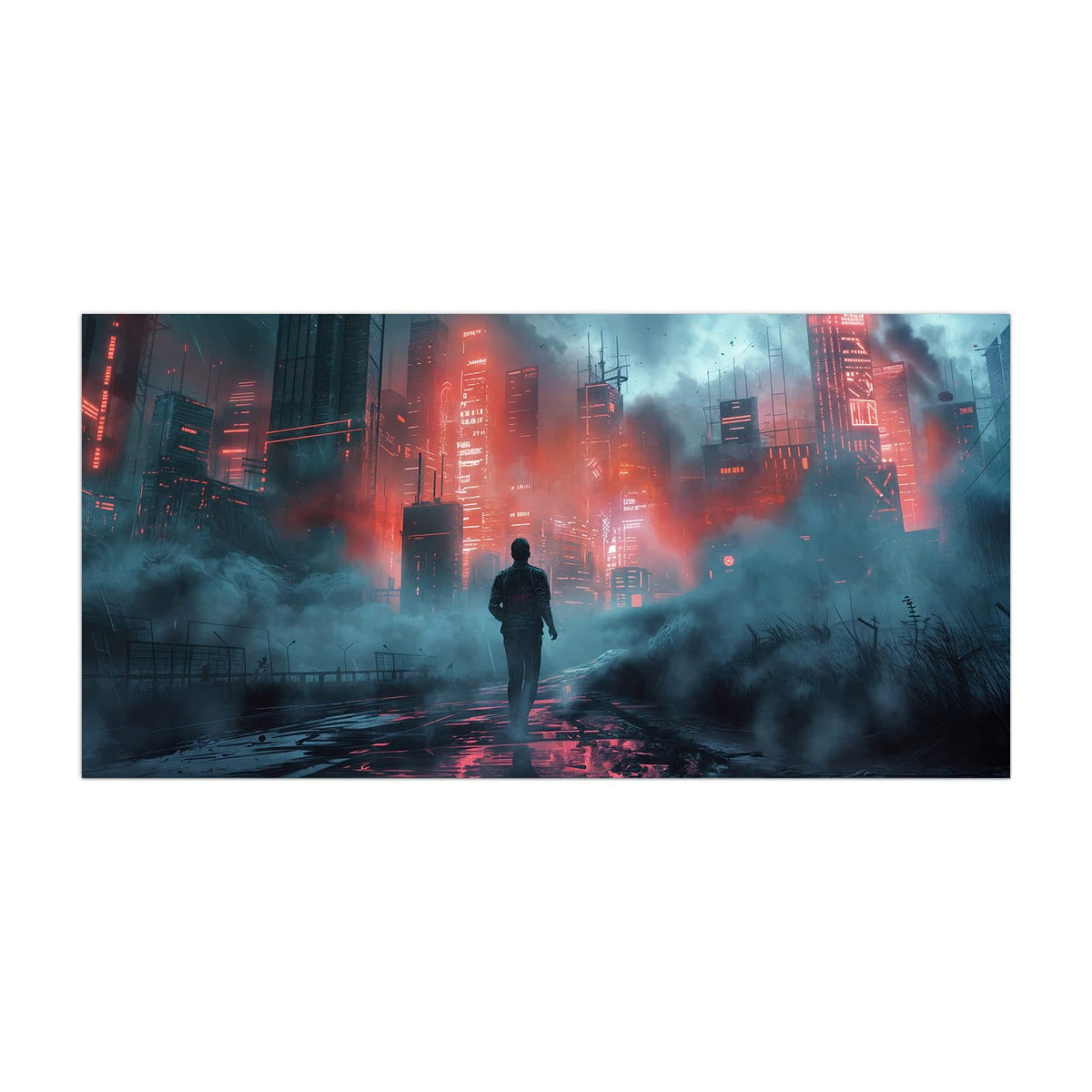 Küchenrückwand aus Glas Stadt im roten Neonlicht im Hochformat, Motiv bildfüllend von vorn