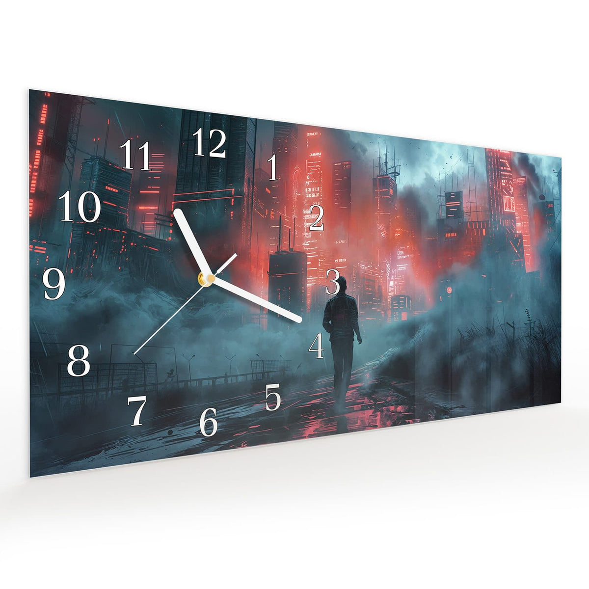 Vormontiert – mit Schwebeeffekt – Wanduhr Neonstadt aus Glas – Querformat 60 × 30 cm
