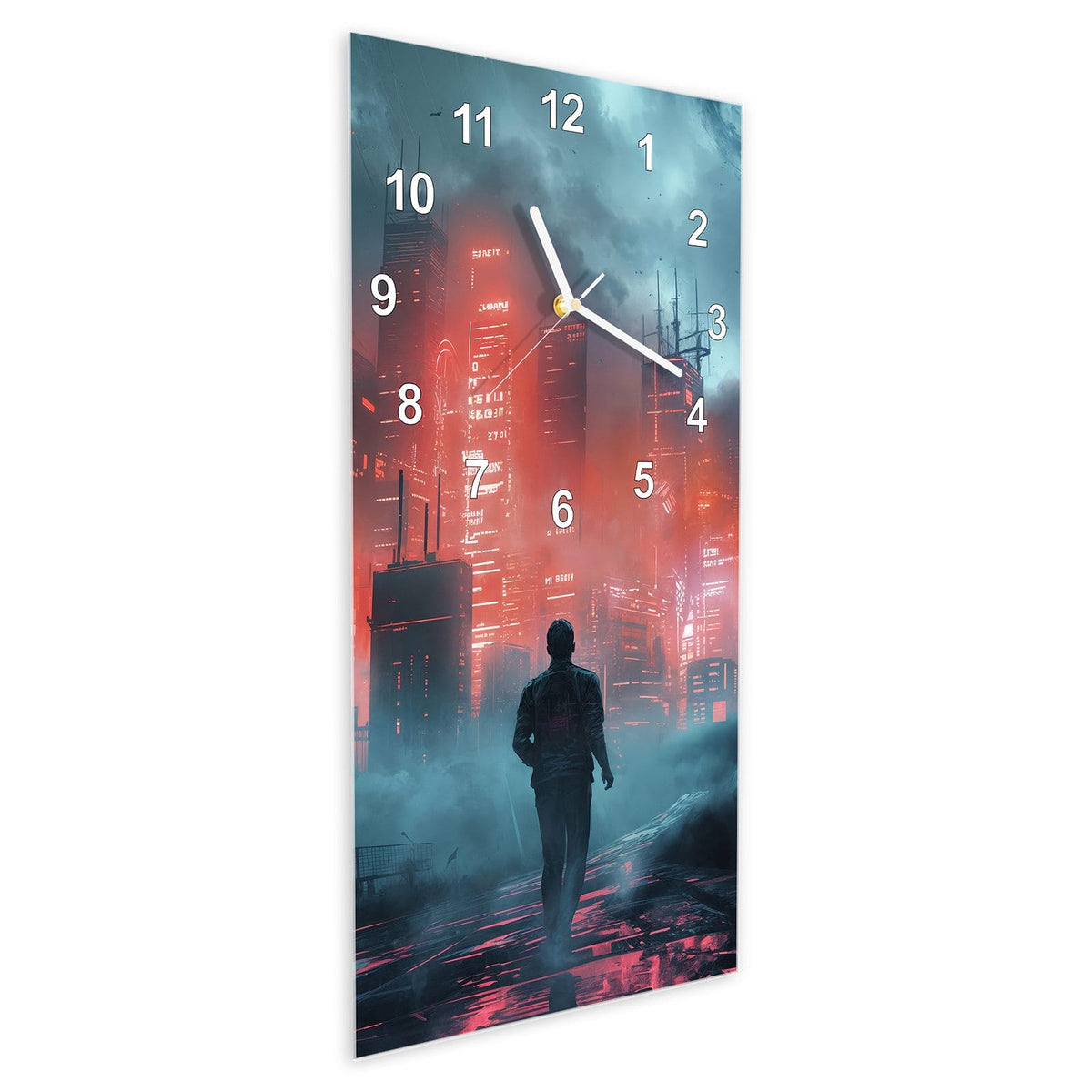 Wanduhr aus Glas im Hochformat Stadt im roten Neonlicht schräg von der Seite, 4 mm starkes Glas