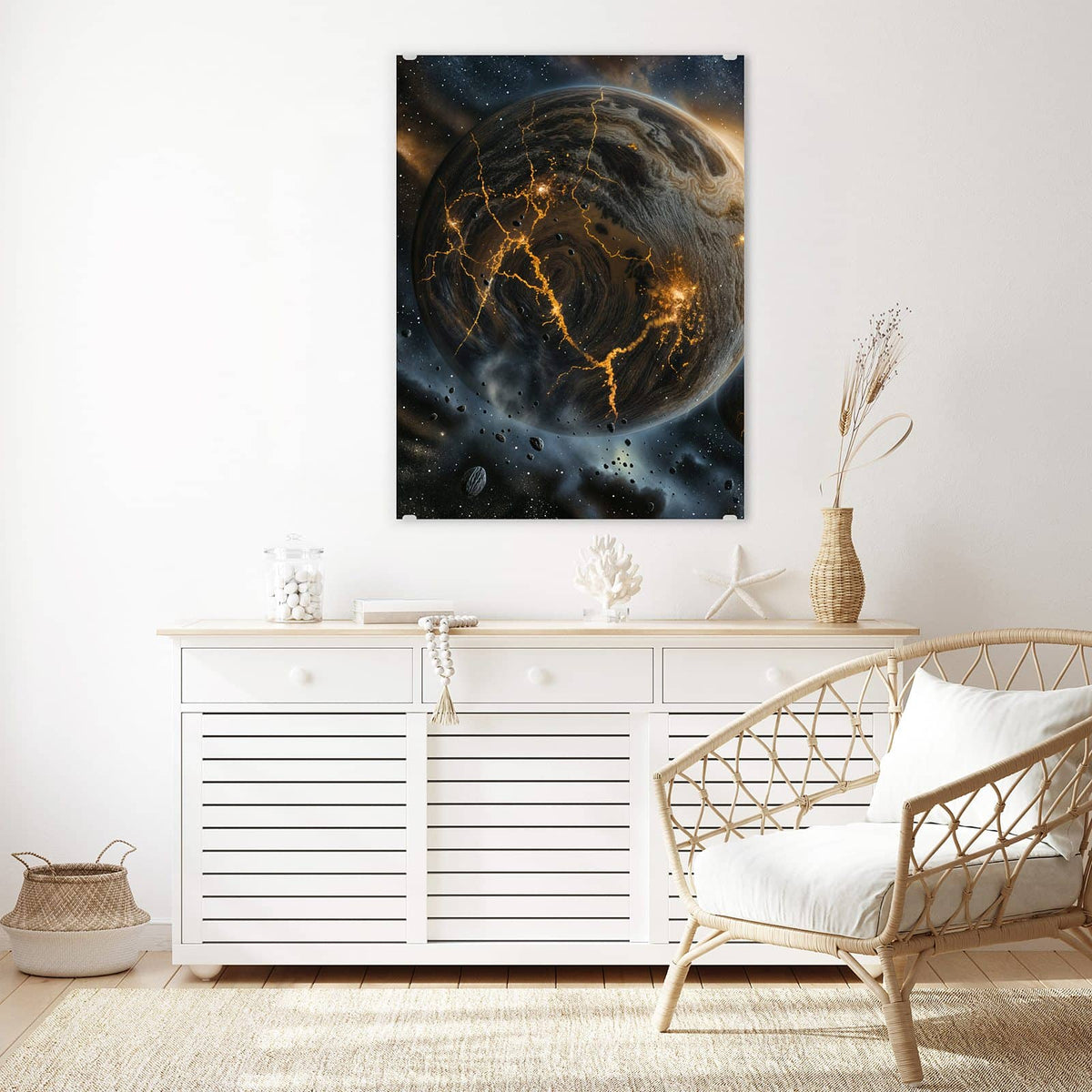 Aufhängung liegt bei – Motiv später wechselbar – Wandbild - Planeten mit Lavarissen - Hochformat