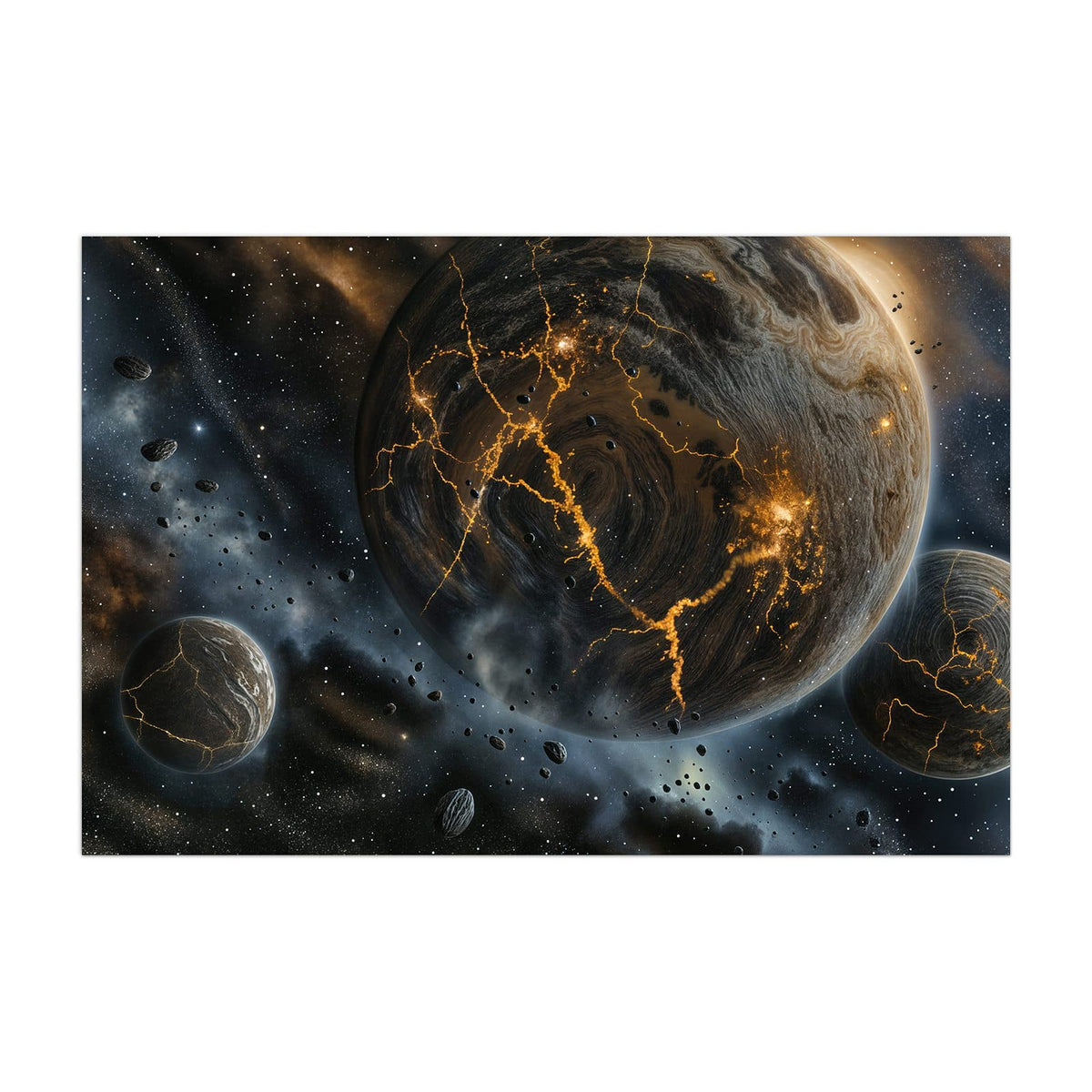 Küchenrückwand aus Glas Planeten mit Lavarissen im Hochformat, Motiv bildfüllend von vorn