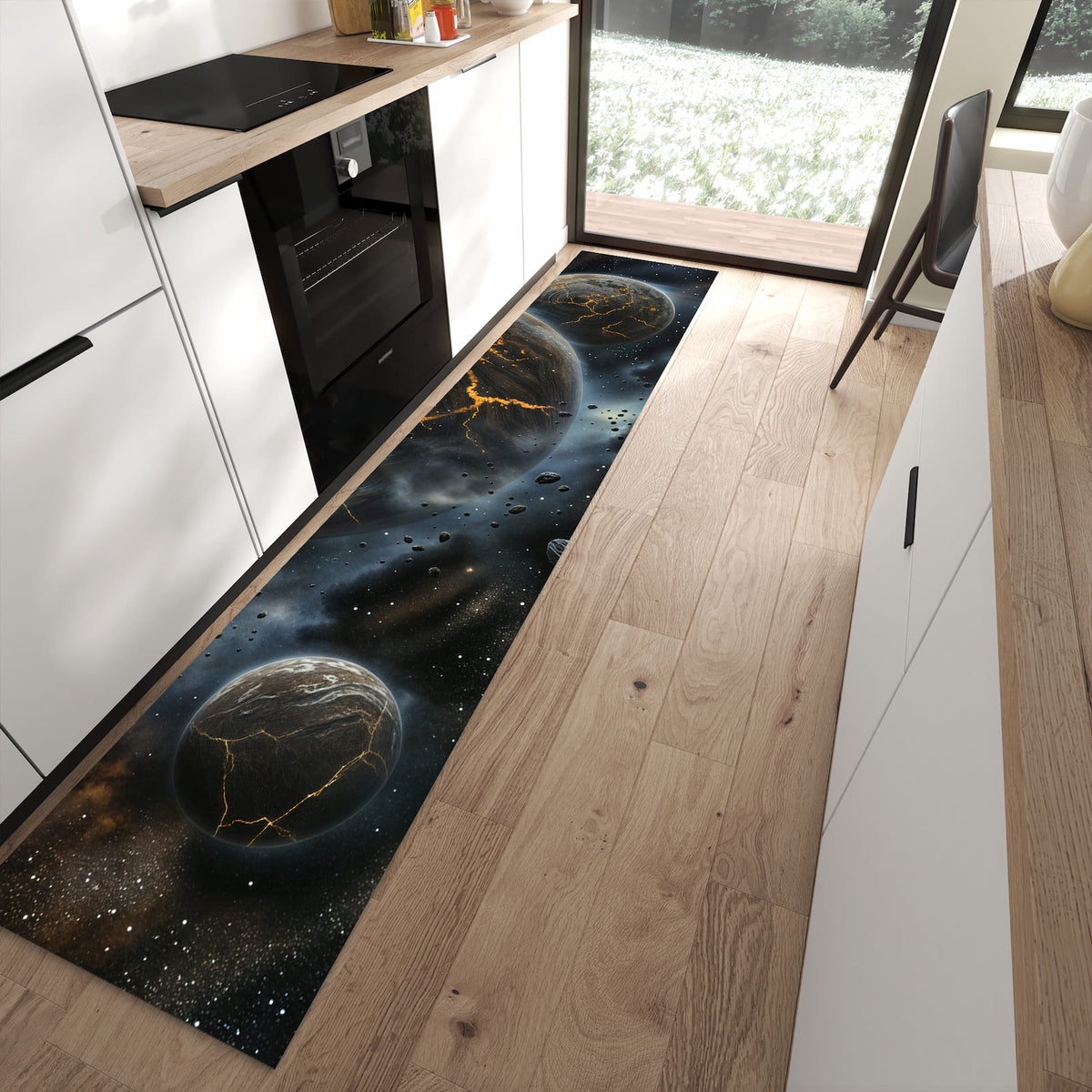 Bodenschonender Küchenteppich mit Motiv Drei Welten in moderner Küche