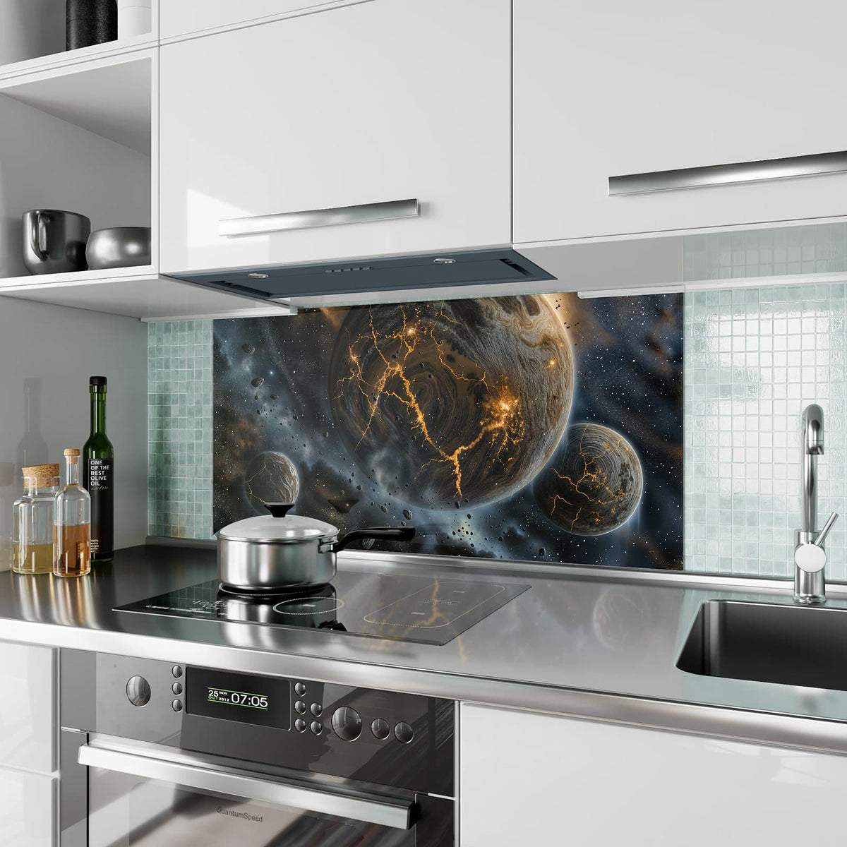 Küchenrückwand aus Glas Planeten mit Lavarissen im Hochformat als Spritzschutz hinter dem Kochfeld, über dem Fliesenspiegel montiert
