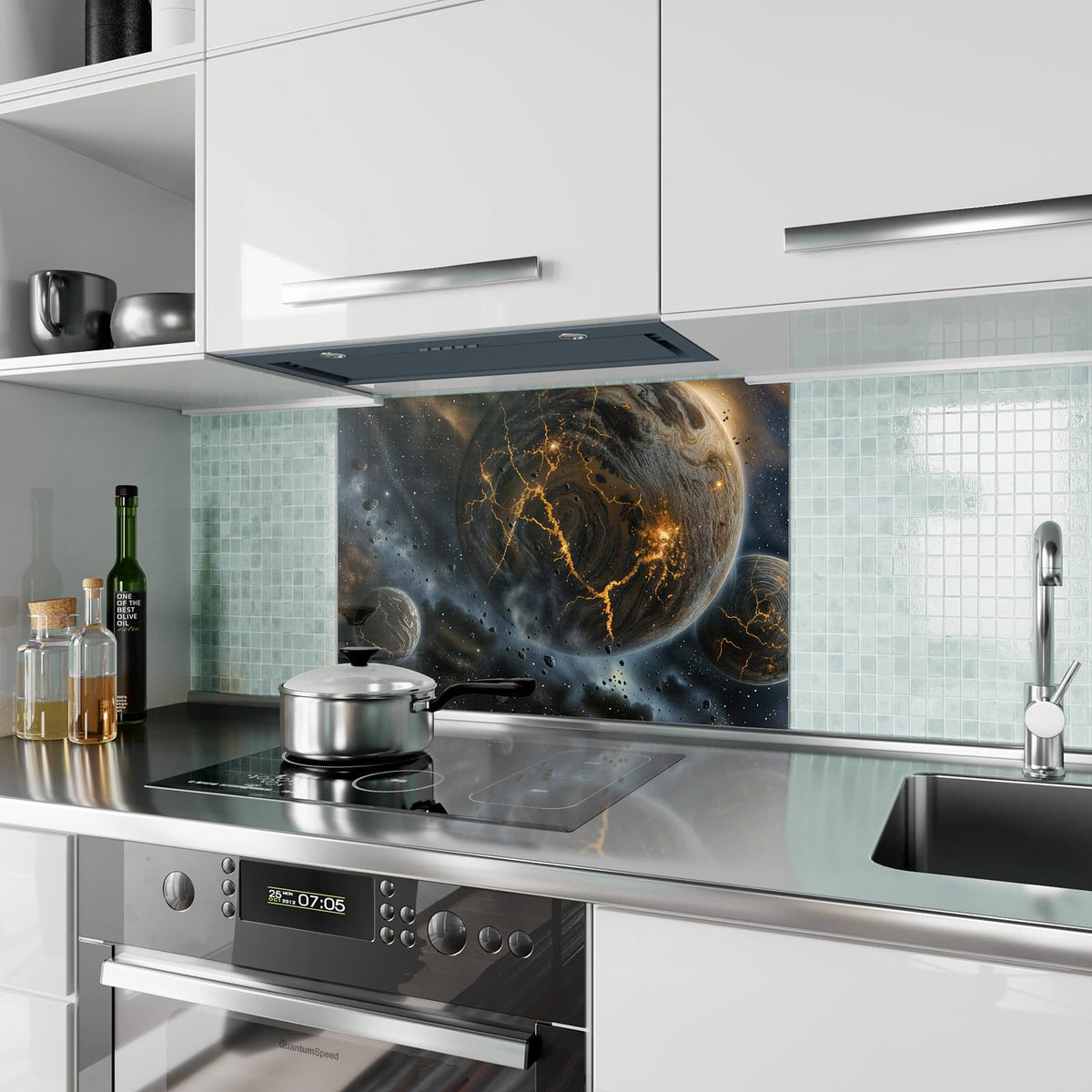 Küchenrückwand aus Glas Planeten mit Lavarissen im Hochformat als Spritzschutz hinter dem Kochfeld, über dem Fliesenspiegel montiert