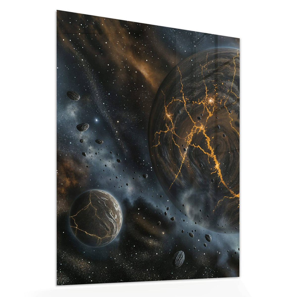 Echtglas, 4 mm – kein Acryl, keine Folie – Wandbild - Planeten mit Lavarissen - Hochformat