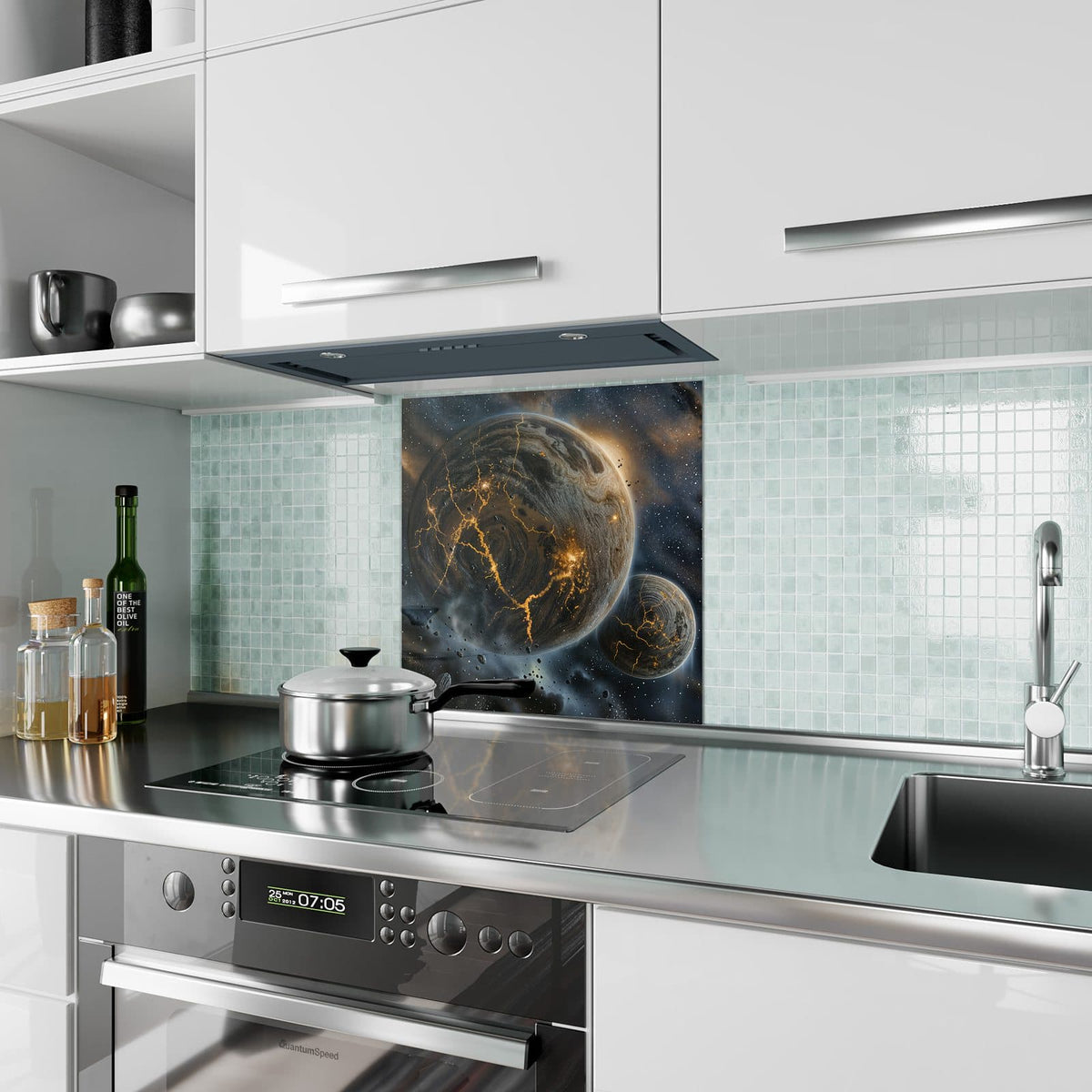 Küchenrückwand aus Glas Planeten mit Lavarissen im quadratischen Format als Spritzschutz hinter dem Kochfeld, über dem Fliesenspiegel montiert