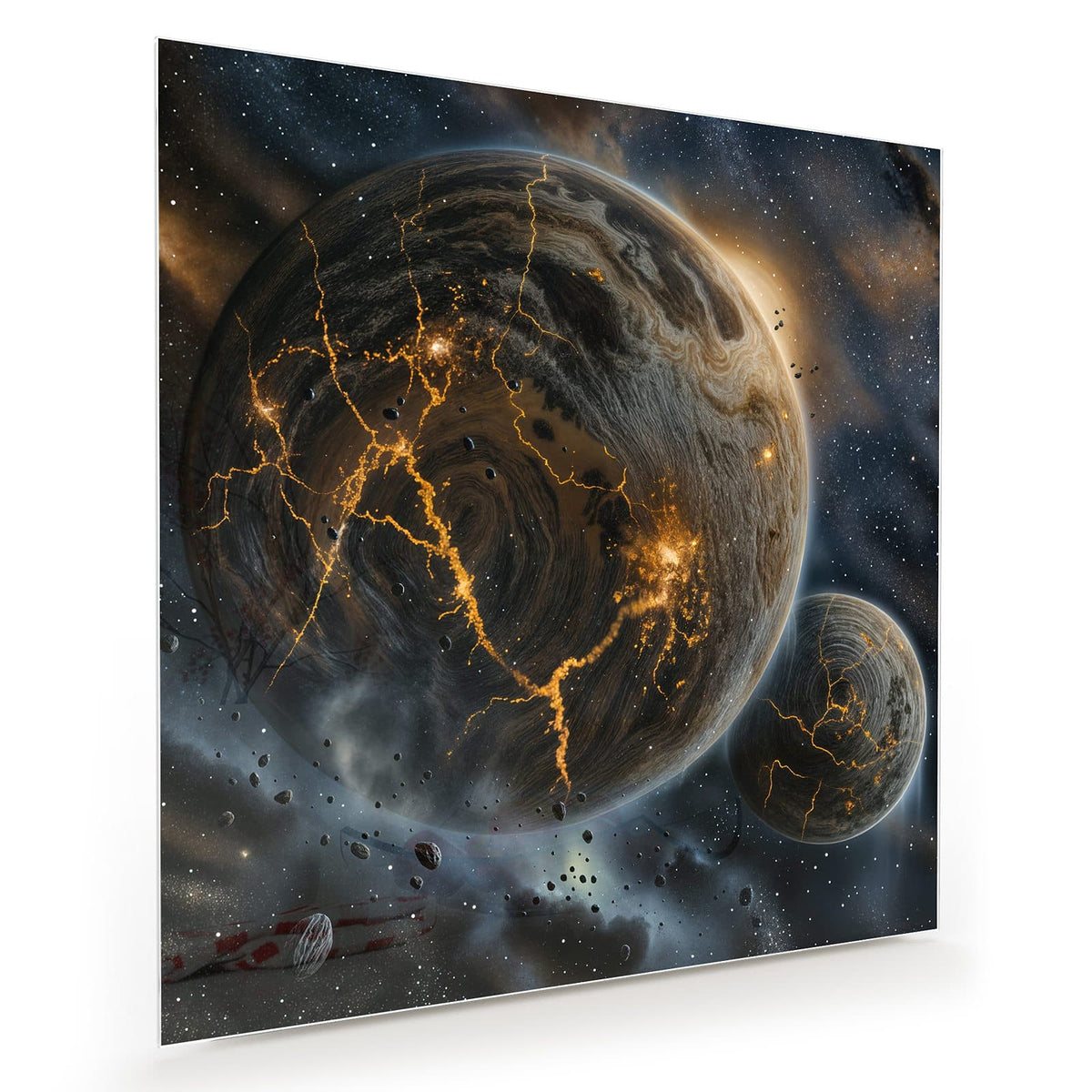Zwei Planeten mit glühend orangen Lavarissen, davor treibende Asteroiden