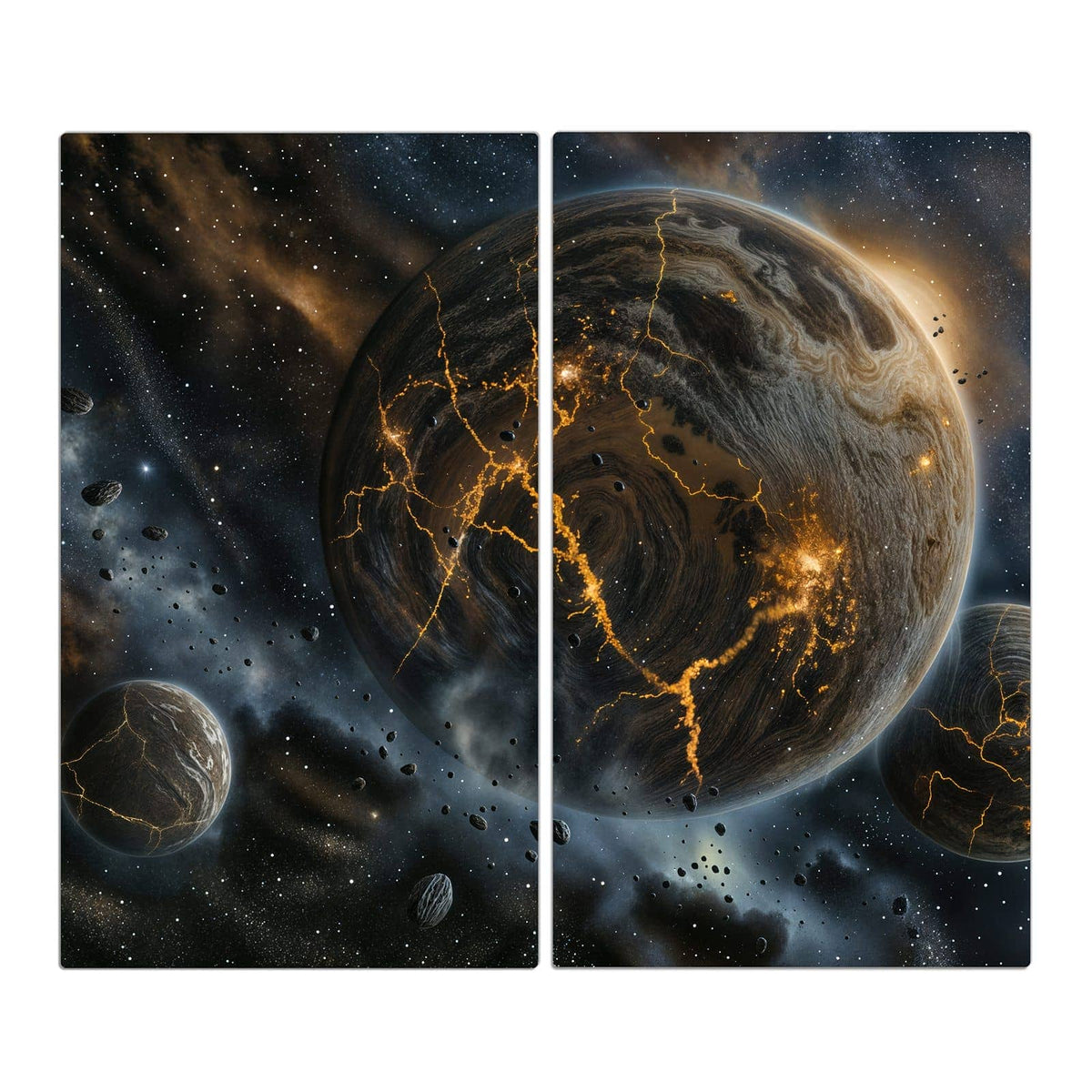 Zwei Planeten mit glühend orangen Lavarissen, davor treibende Asteroiden