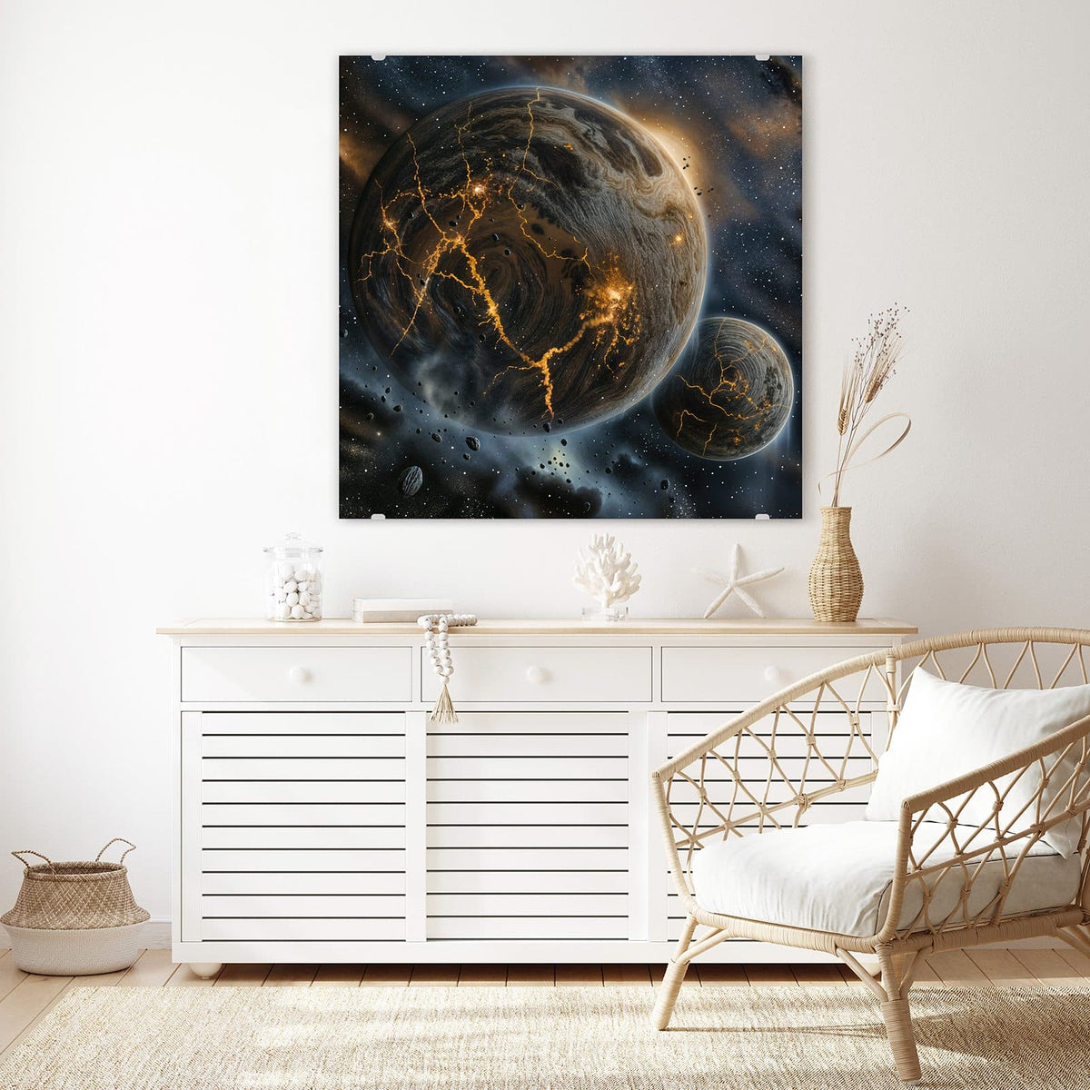 Echtglas, 4 mm – kein Acryl, keine Folie – Wandbild - Planeten mit Lavarissen - Quadratisch