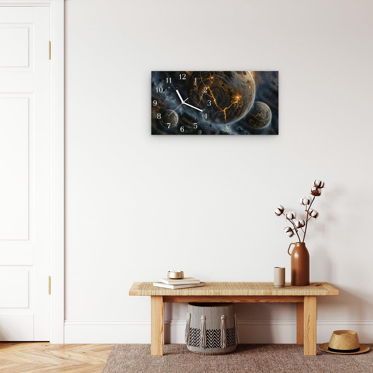 Moderne Wanduhr aus Glas mit Farbtiefe – Wanduhr Drei Welten aus Glas – Querformat 60 × 30 cm