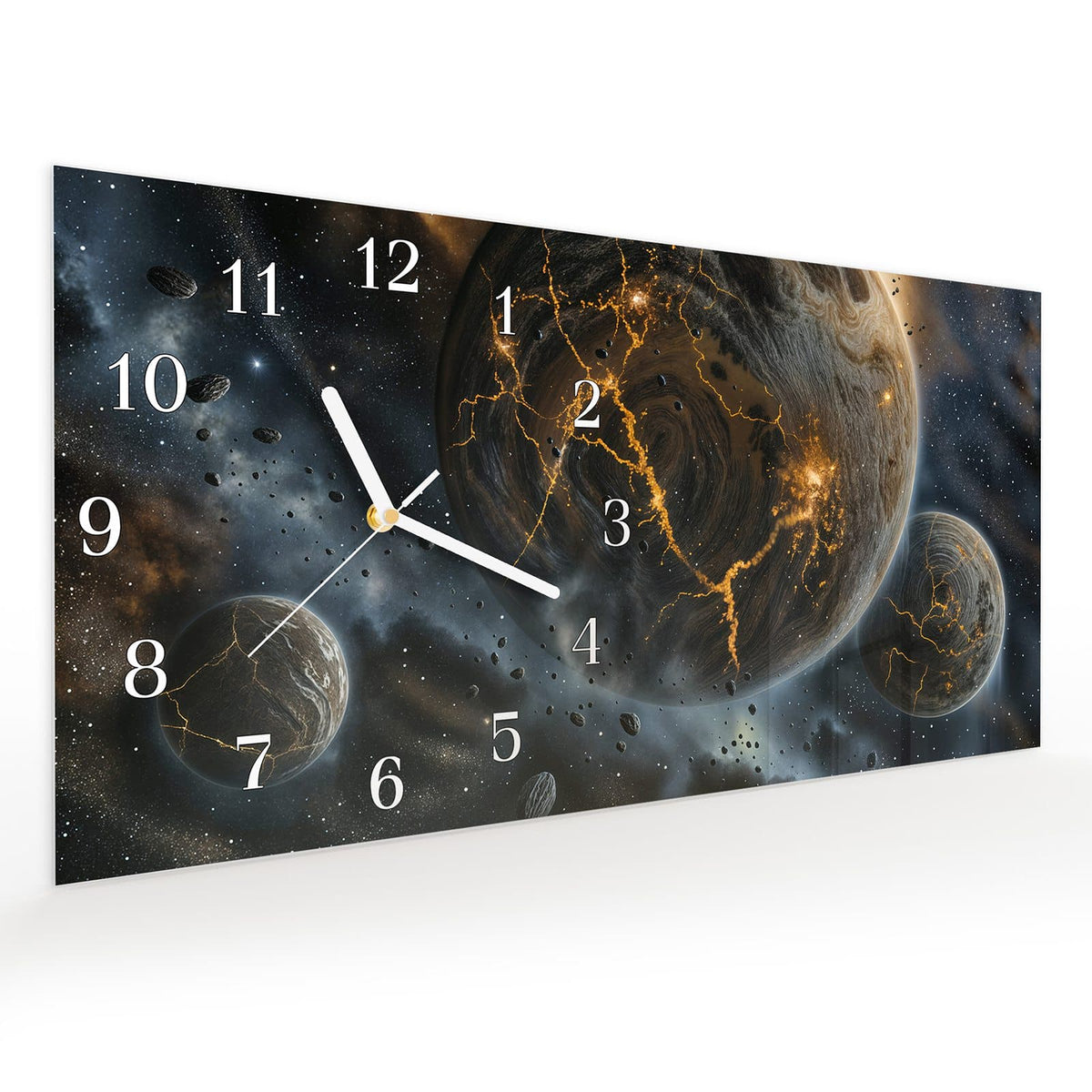 Vormontiert – mit Schwebeeffekt – Wanduhr Drei Welten aus Glas – Querformat 60 × 30 cm