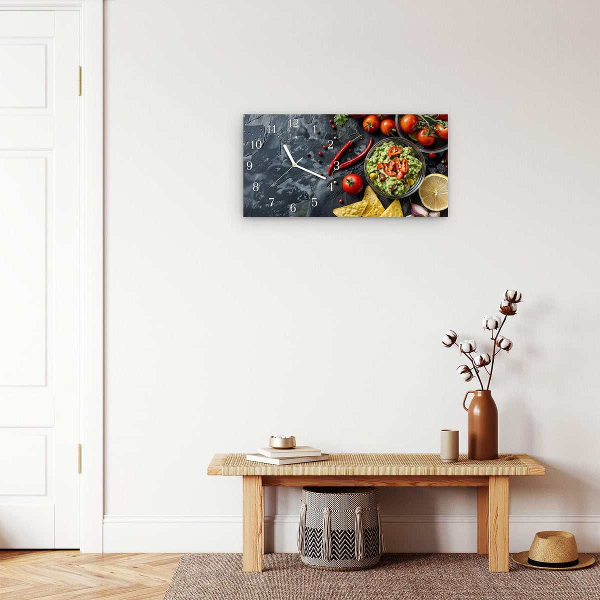 Moderne Wanduhr aus Glas mit Farbtiefe – Wanduhr Frisches Gemüse aus Glas – Querformat 60 × 30 cm