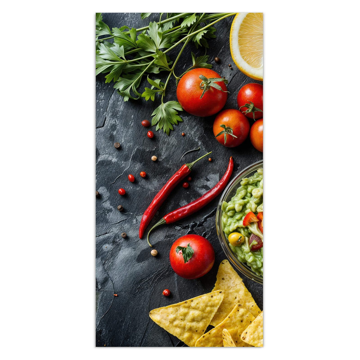 11 Größen – von 30 × 60 bis 60 × 150 cm – Wandbild - Guacamole mit Nachos - Hochformat