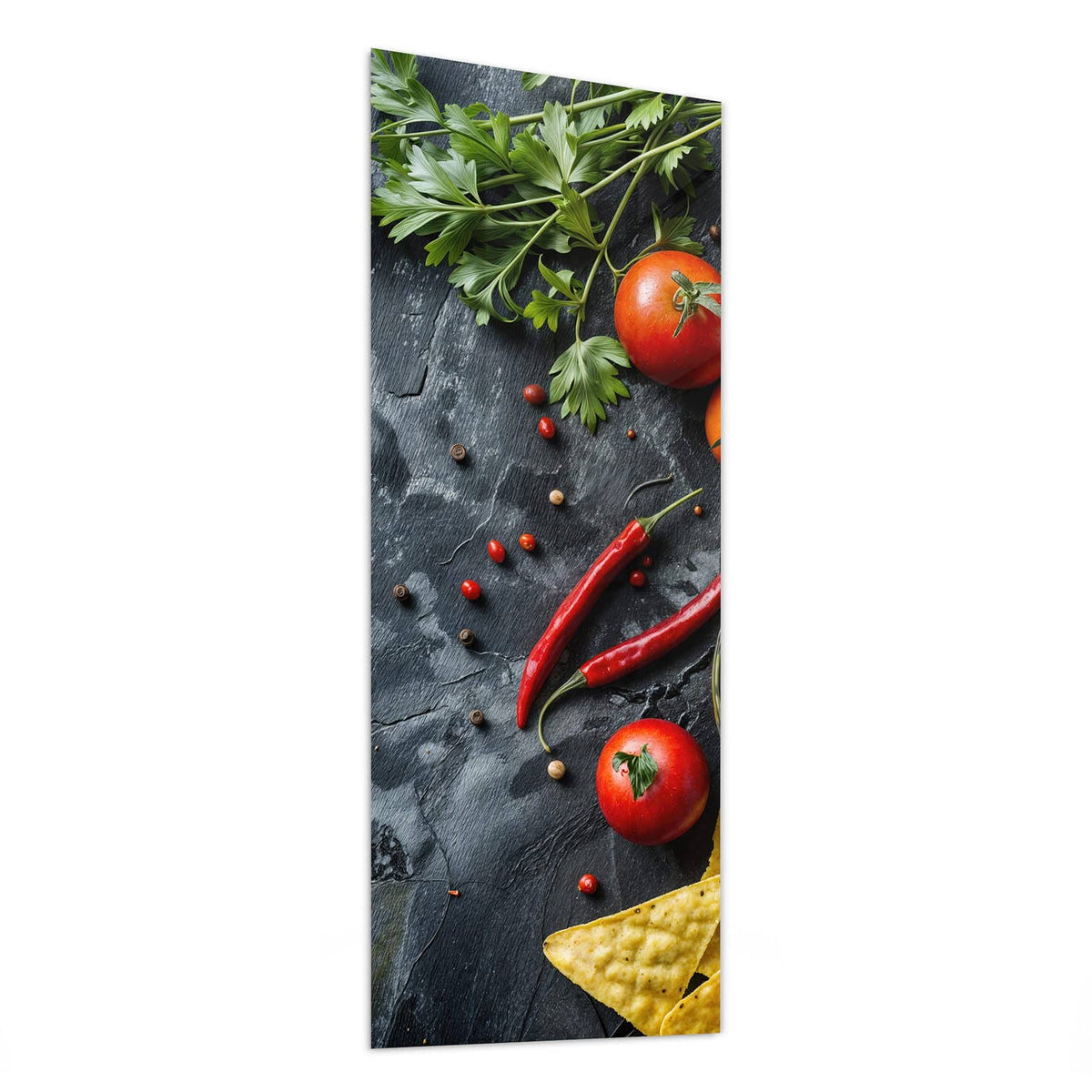 Glasbild Guacamole mit Nachos von der Seite, 4 mm Echtglas