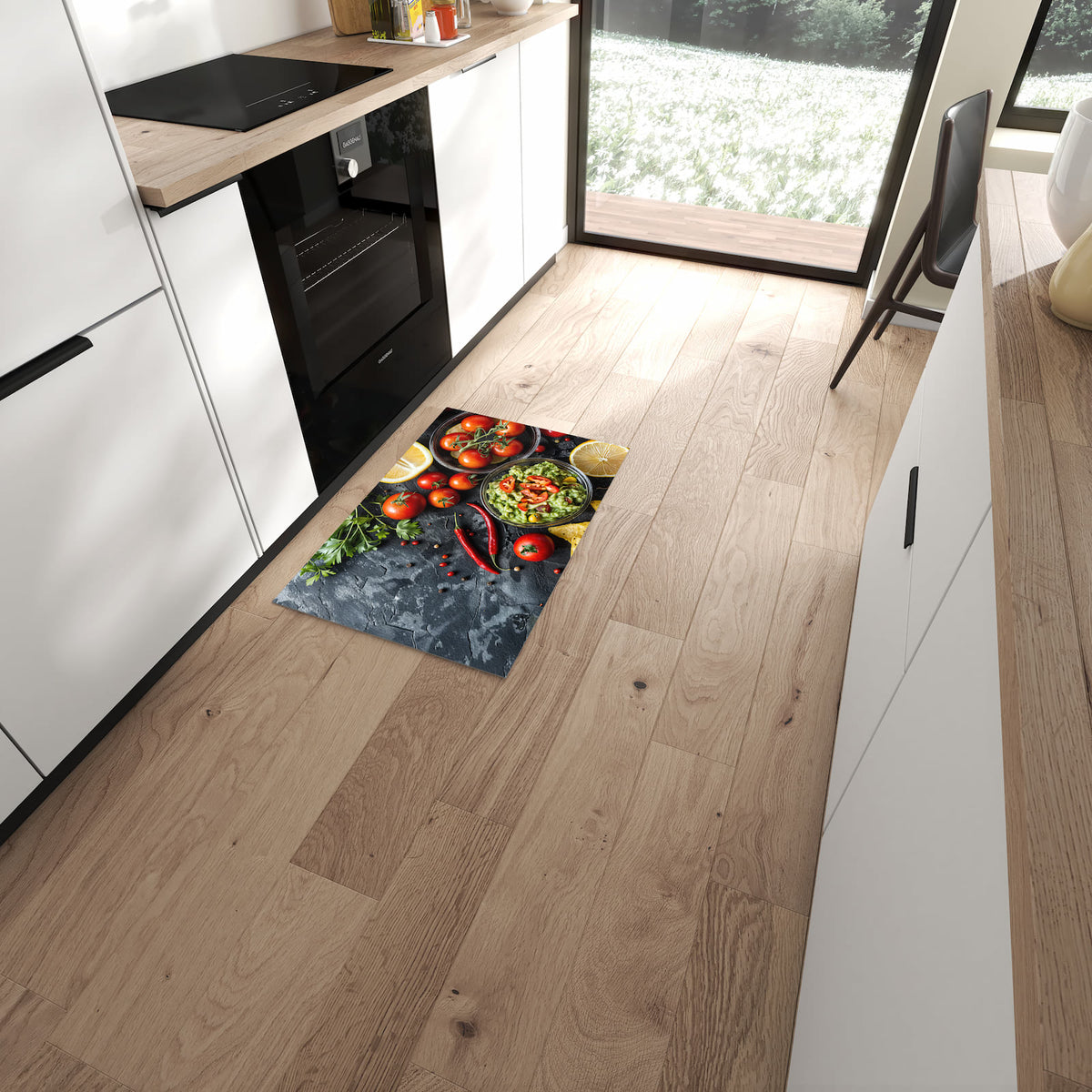 Flacher Küchenteppich mit Motiv Frisches Gemüse in moderner Küche