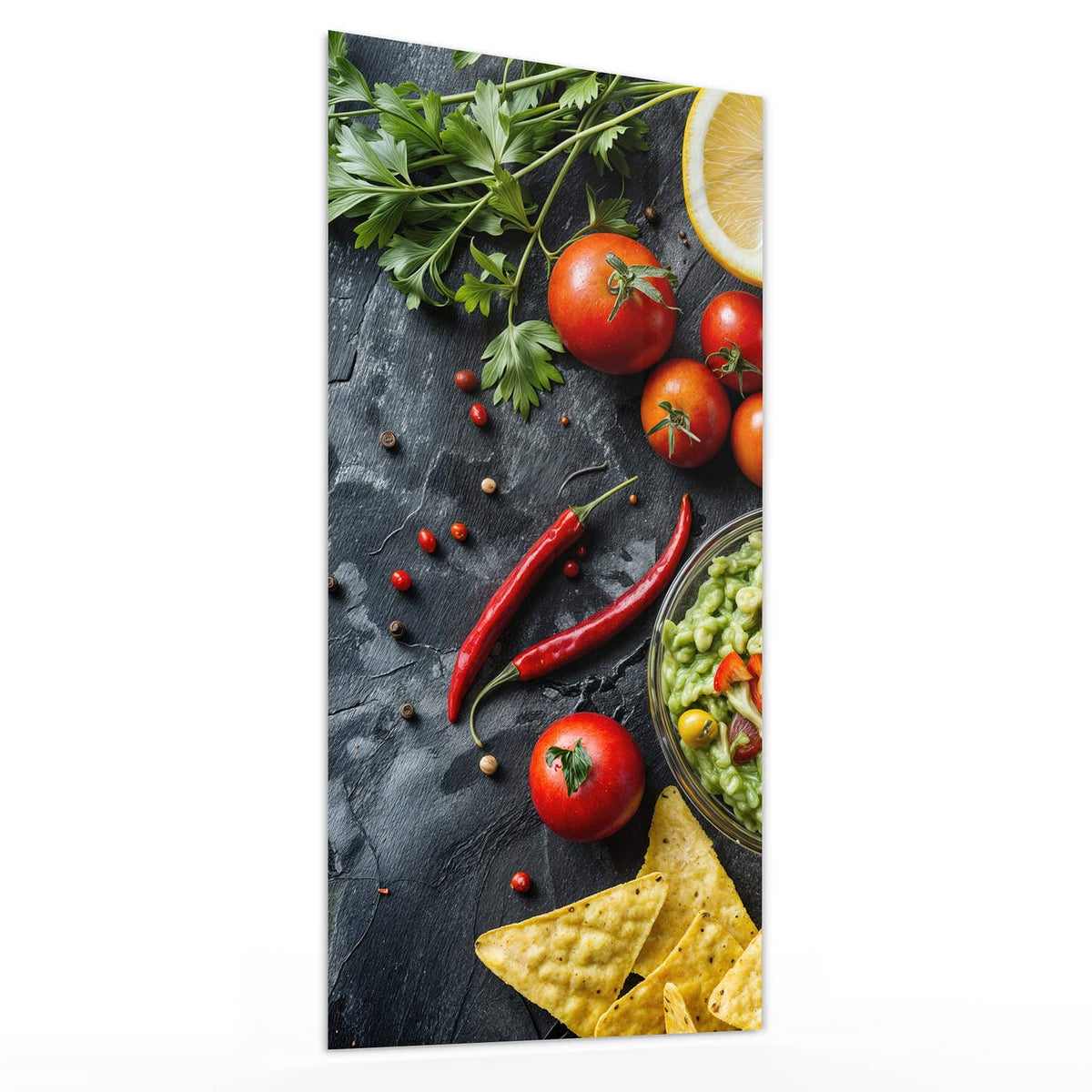 Glasbild Guacamole mit Nachos von der Seite, 4 mm Echtglas