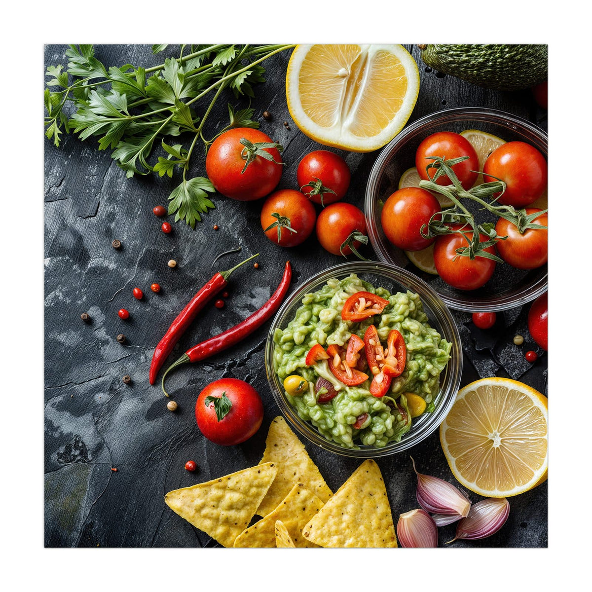 Schale Guacamole mit Chili, dazu Tomaten, Zitronen, Petersilie und Tortillachips auf Schiefer