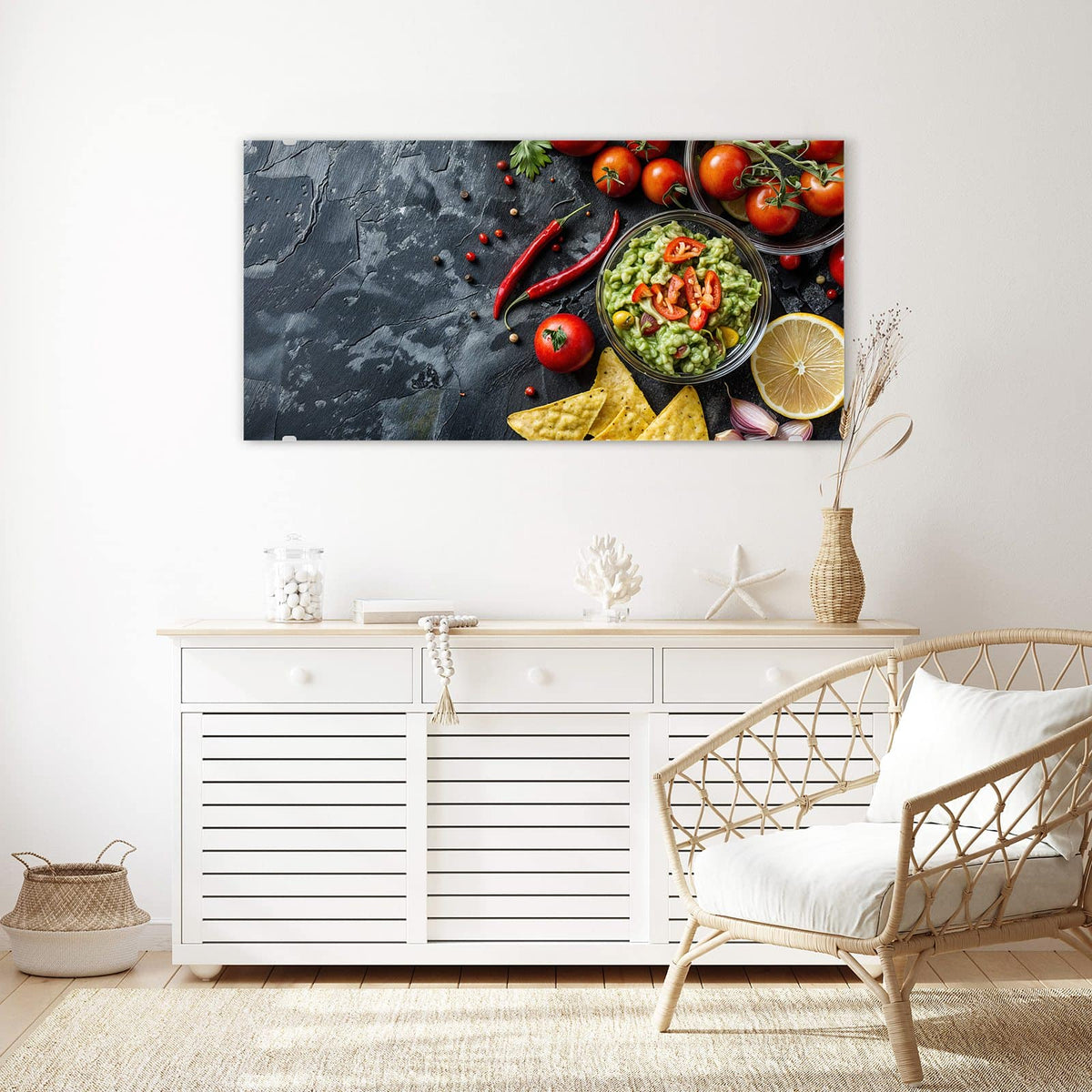 Echtglas, 4 mm – kein Acryl, keine Folie – Wandbild - Guacamole mit Nachos - Querformat
