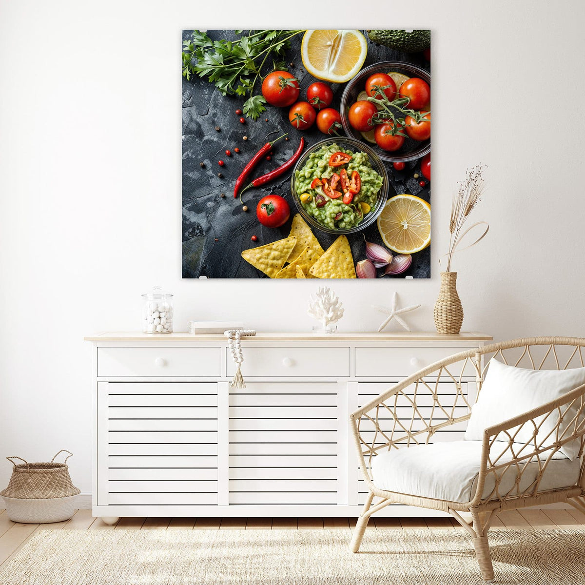 Echtglas, 4 mm – kein Acryl, keine Folie – Wandbild - Guacamole mit Nachos - Quadratisch