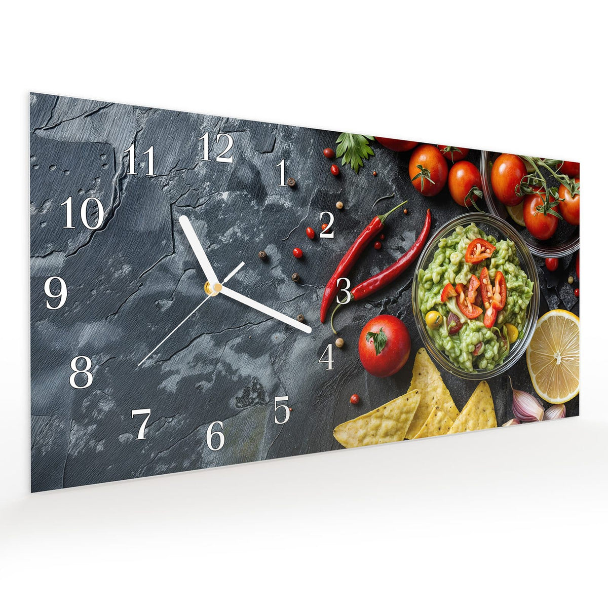 Vormontiert – mit Schwebeeffekt – Wanduhr Frisches Gemüse aus Glas – Querformat 60 × 30 cm