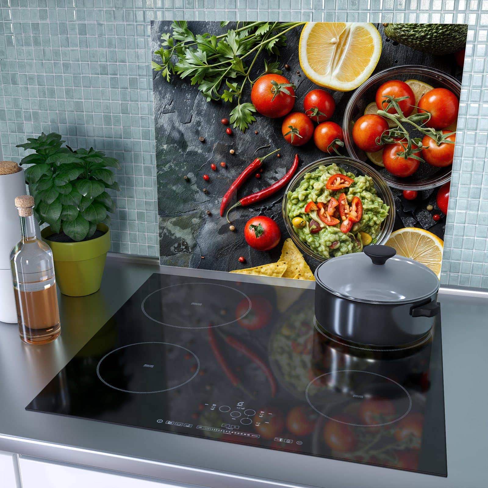 1-teilige Herdabdeckung mit Frisches Gemüse-Motiv als Spritzschutz hinter dem Kochfeld