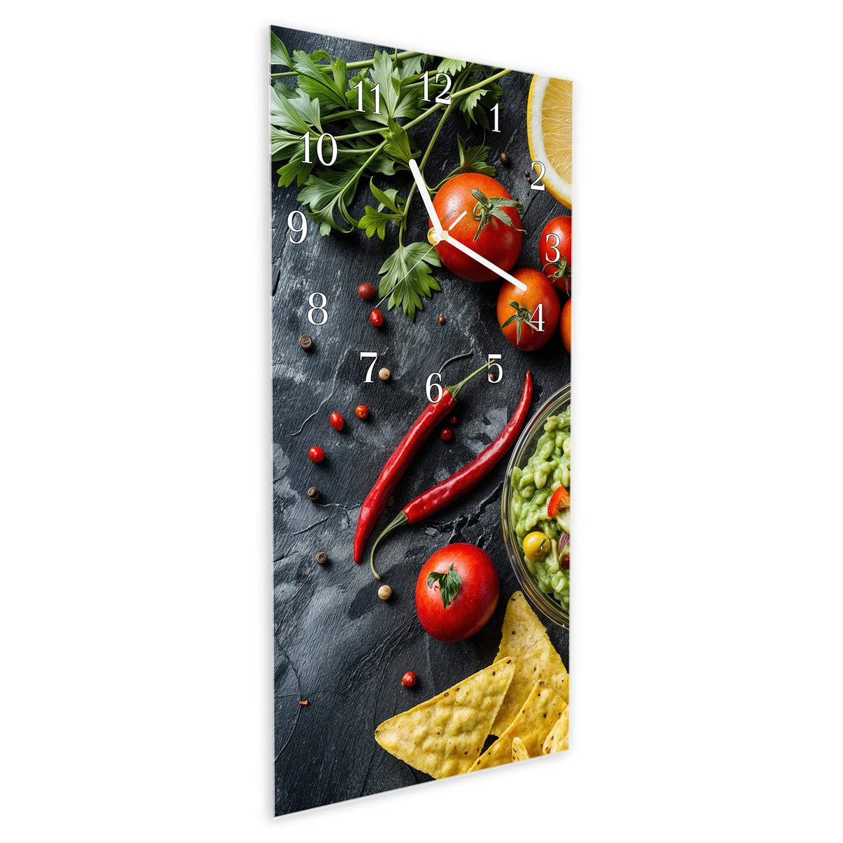 Vormontiert – mit Schwebeeffekt – Wanduhr Frisches Gemüse aus Glas – Hochformat 30 × 60 cm