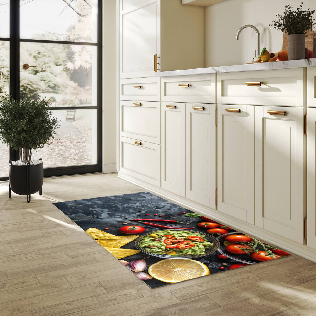 Bodenschonender Bodenläufer-Teppich mit Motiv Frisches Gemüse in heller Küche