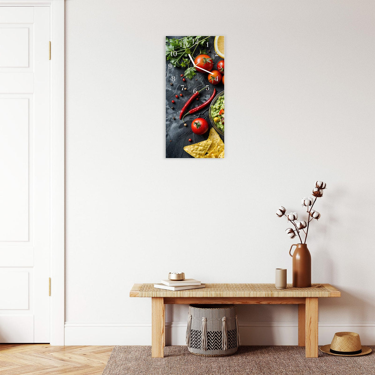Moderne Wanduhr aus Glas mit Farbtiefe – Wanduhr Frisches Gemüse aus Glas – Hochformat 30 × 60 cm