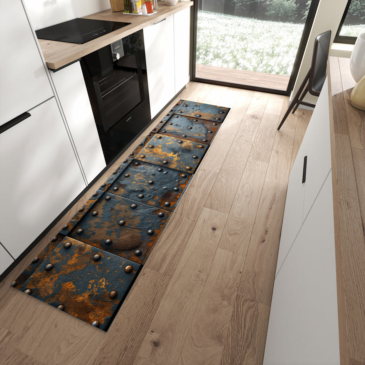 Bodenschonender Küchenteppich mit Motiv Eisenplatten Vintage in moderner Küche