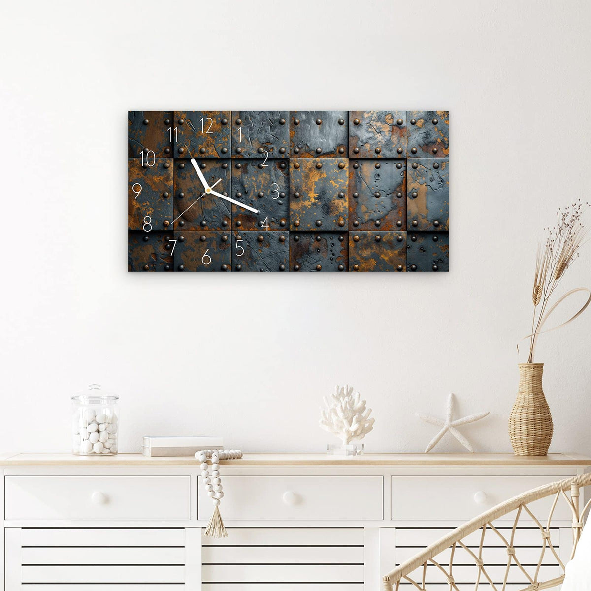 Wanduhr Eisenplatten Vintage aus Glas – Querformat 60 × 30 cm – Genietete Metallplatten mit Rostpatina