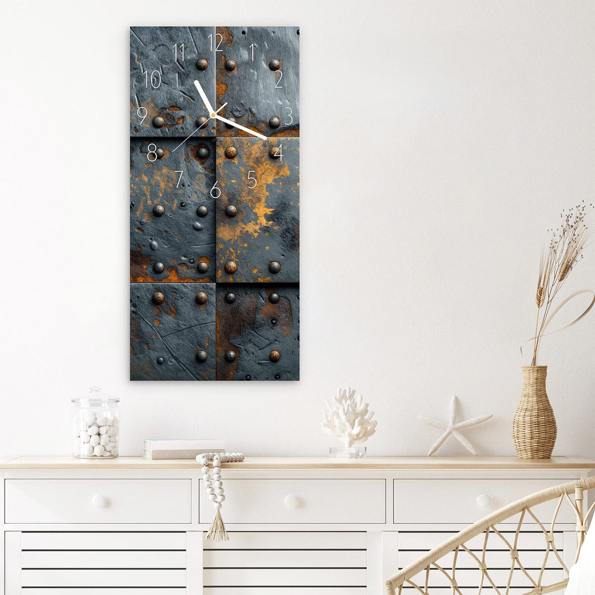 Wanduhr Rostige Eisenplatten aus Glas – Hochformat 30 × 60 cm – Genietete Metallplatten mit Rostpatina