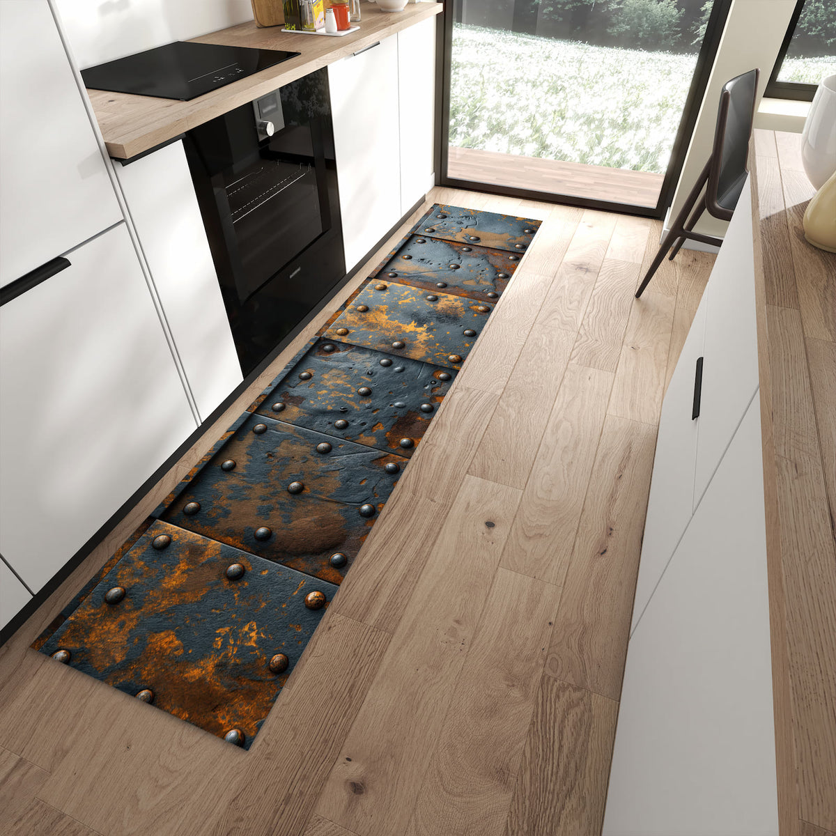 Küchenteppich mit Motiv Eisenplatten Vintage für Ordnung in moderner Küche