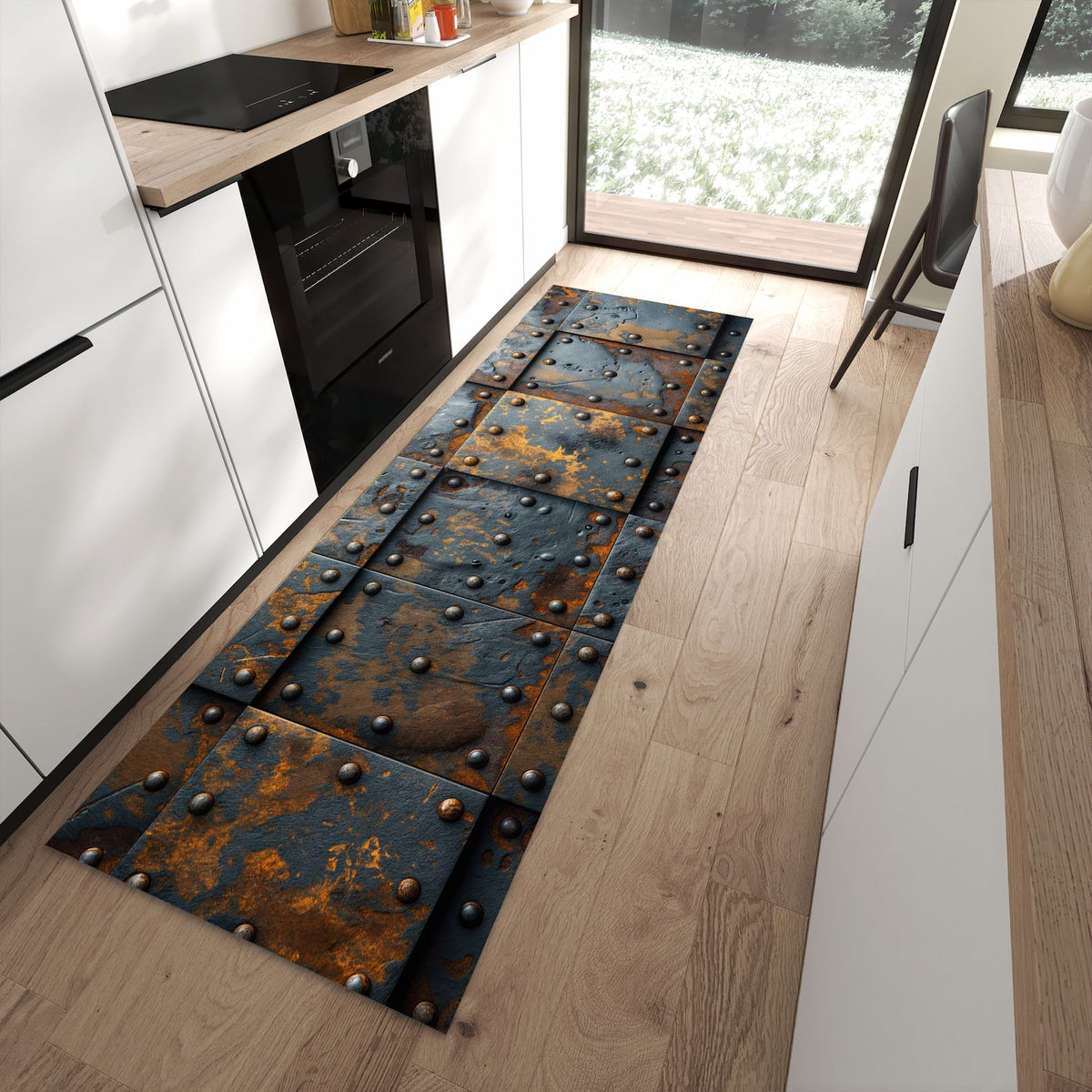 Rutschfester Küchenläufer mit Motiv Eisenplatten Vintage für sicheren Stand in moderner Küche