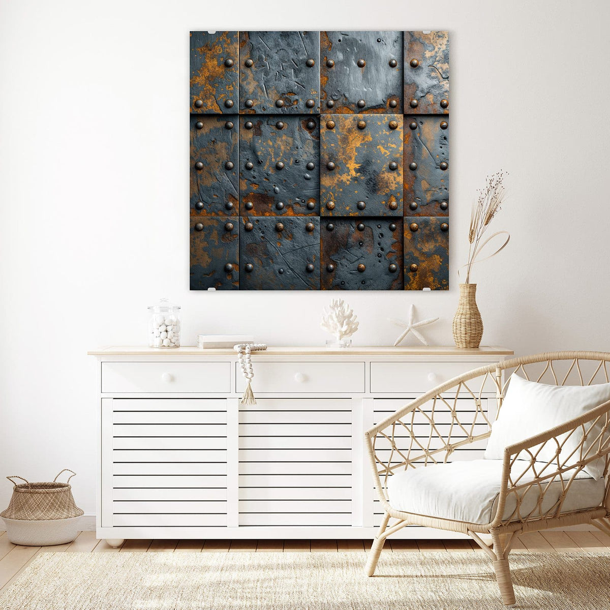 Glasbild Rostige Eisenplatten an der Wand – Quadratische Eisenplatten mit großen Nietköpfen, blaugrau mit flächigem Rost in Ocker