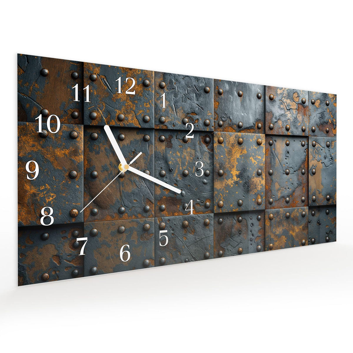 Vormontiert – mit Schwebeeffekt – Wanduhr Eisenplatten Vintage aus Glas – Querformat 60 × 30 cm