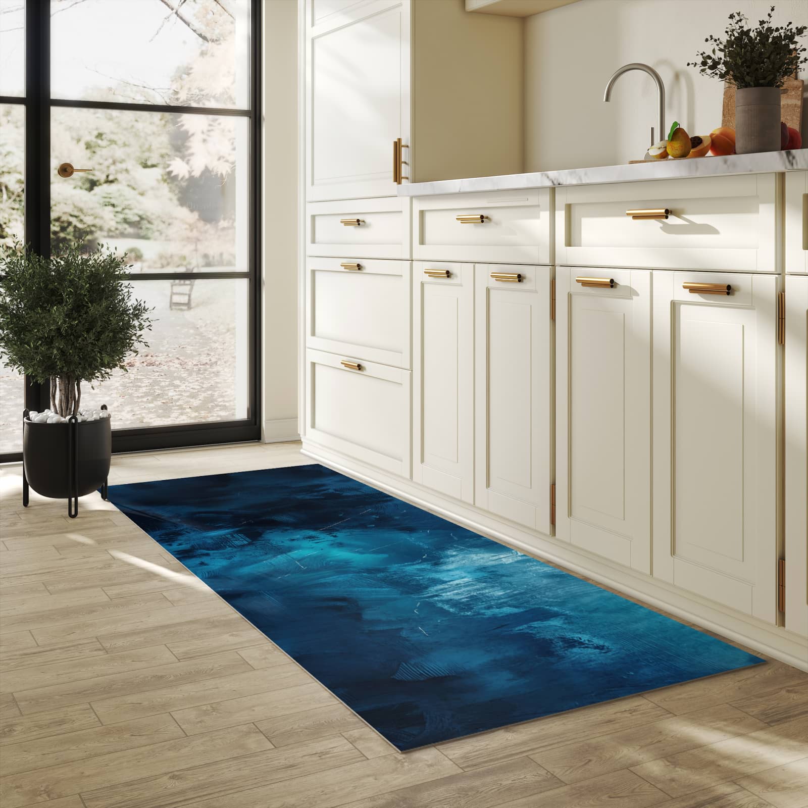 Hygienischer Küchenteppich mit Motiv Abstrakte Blautöne in heller Küche