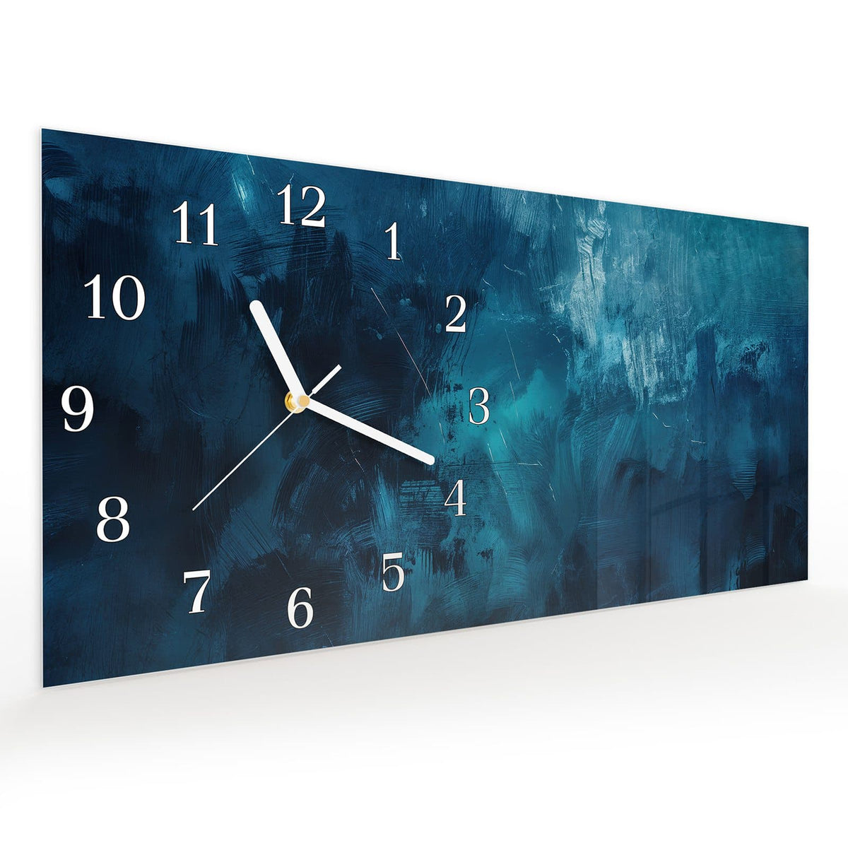 Vormontiert – mit Schwebeeffekt – Wanduhr Abstrakte Blautöne aus Glas – Querformat 60 × 30 cm