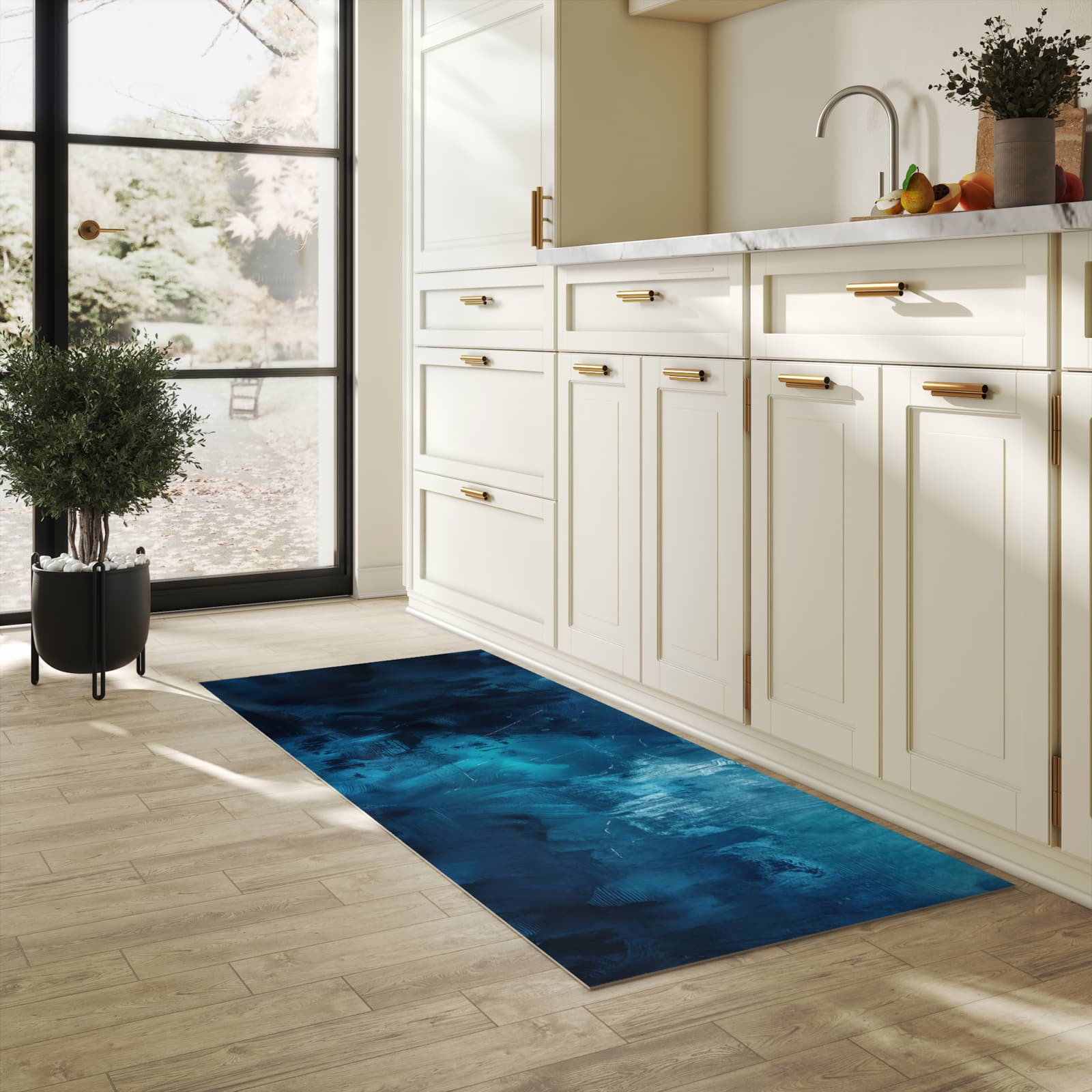 Pflegeleichter Küchenläufer mit Motiv Abstrakte Blautöne in heller Küche
