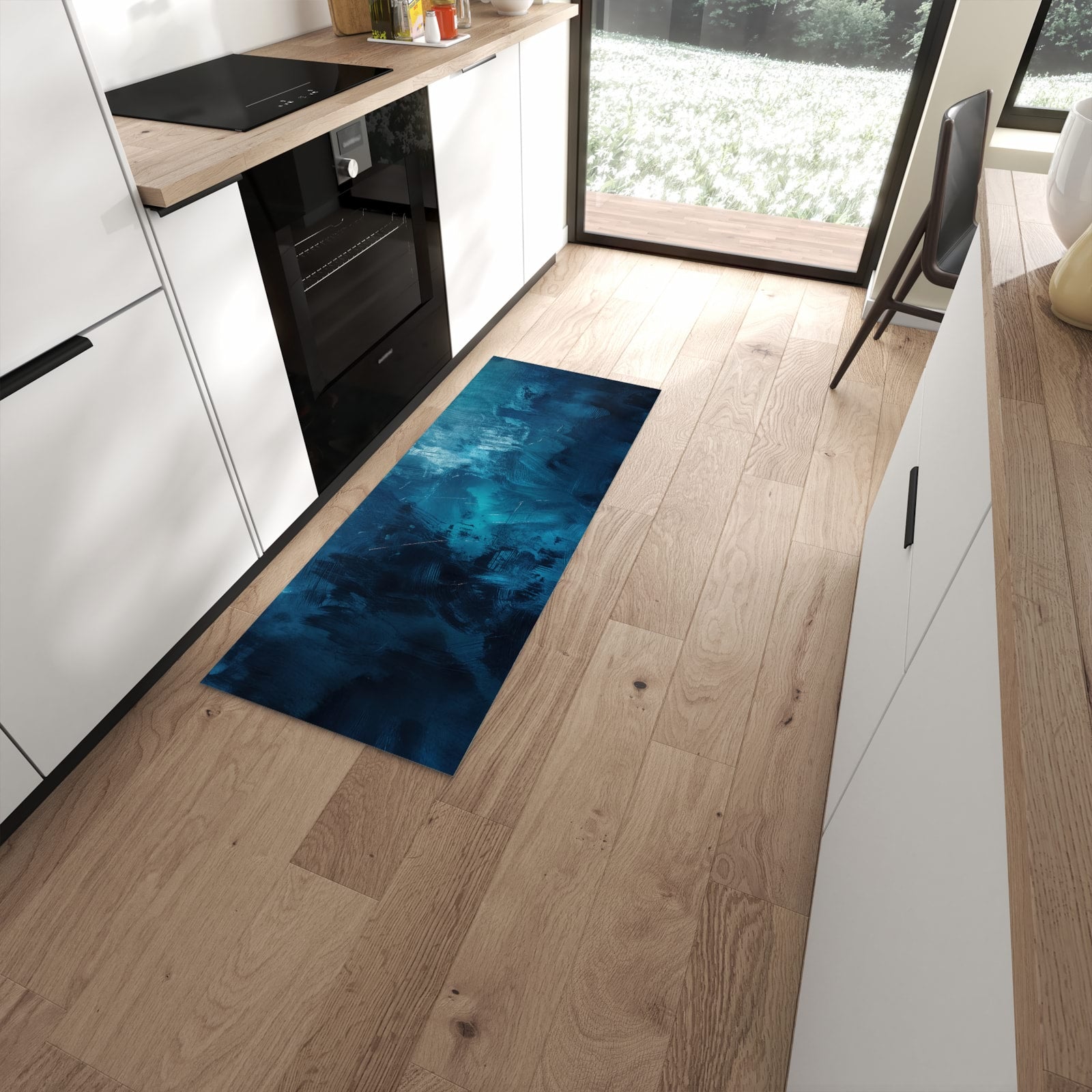 Wasserabweisender Teppich für die Küche mit Motiv Abstrakte Blautöne in moderner Küche #grösse_60 x 150 cm