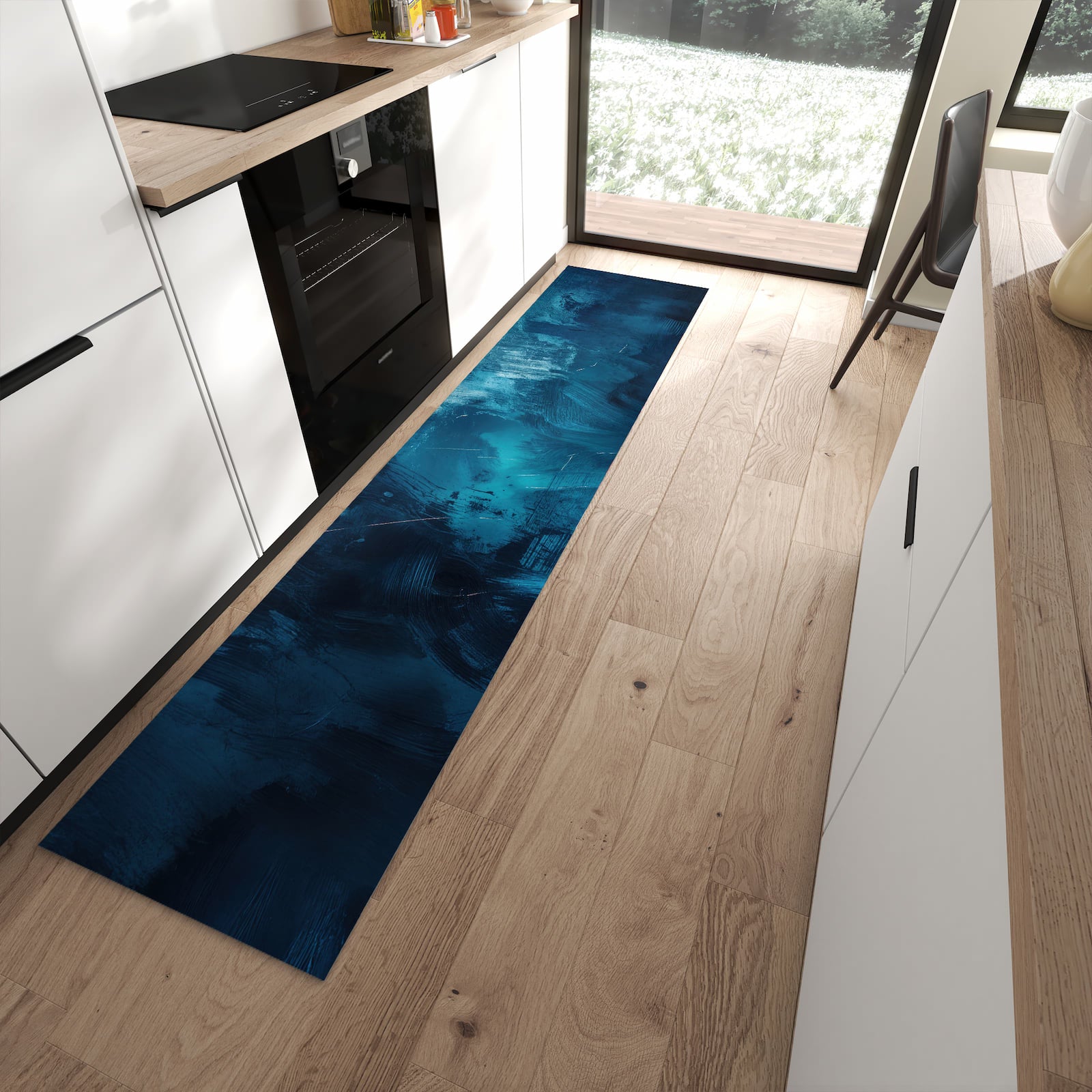 Geruchsneutraler Teppich in Küche mit Motiv Abstrakte Blautöne in moderner Küche