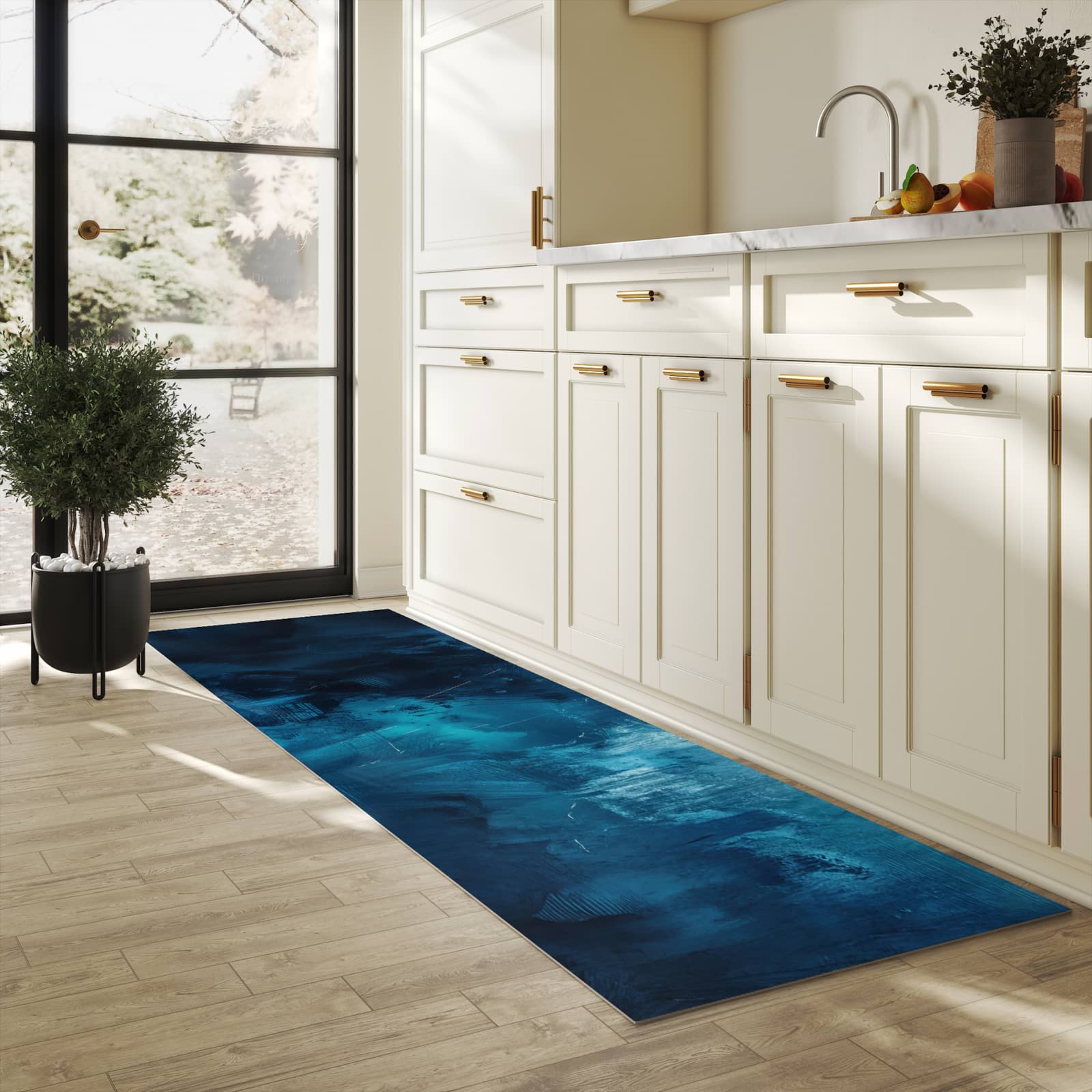 Rutschfester Küchenläufer mit Motiv Abstrakte Blautöne in heller Küche