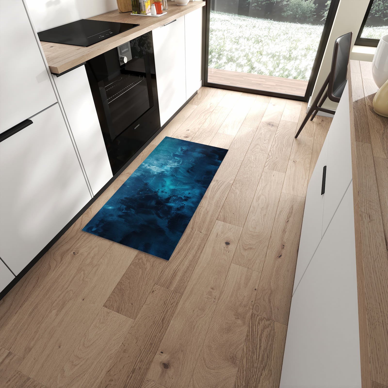 Komfortabler Küchenteppich mit Motiv Abstrakte Blautöne in moderner Küche #grösse_60 x 120 cm