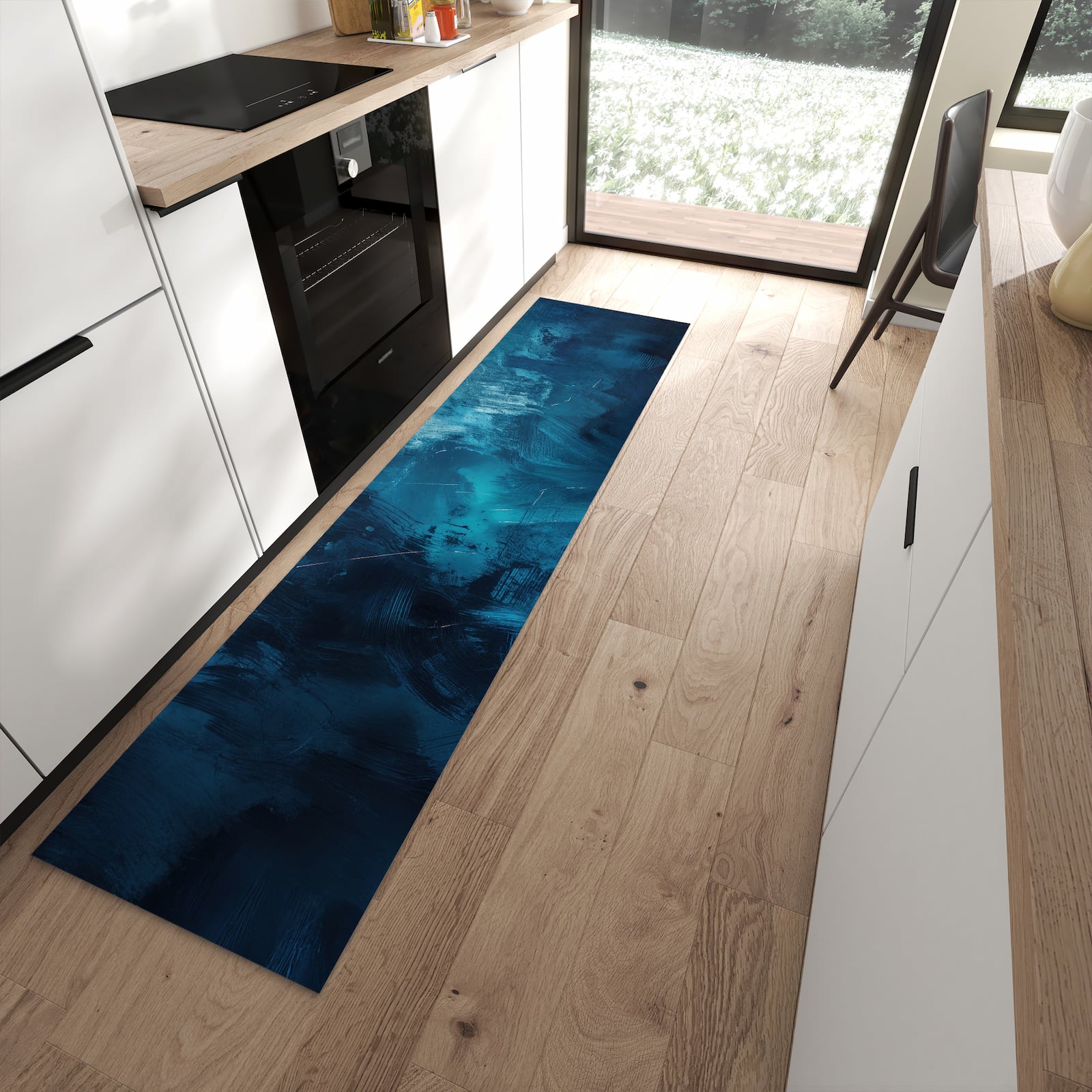 Schmutzabweisender Küchenteppich mit Motiv Abstrakte Blautöne in moderner Küche