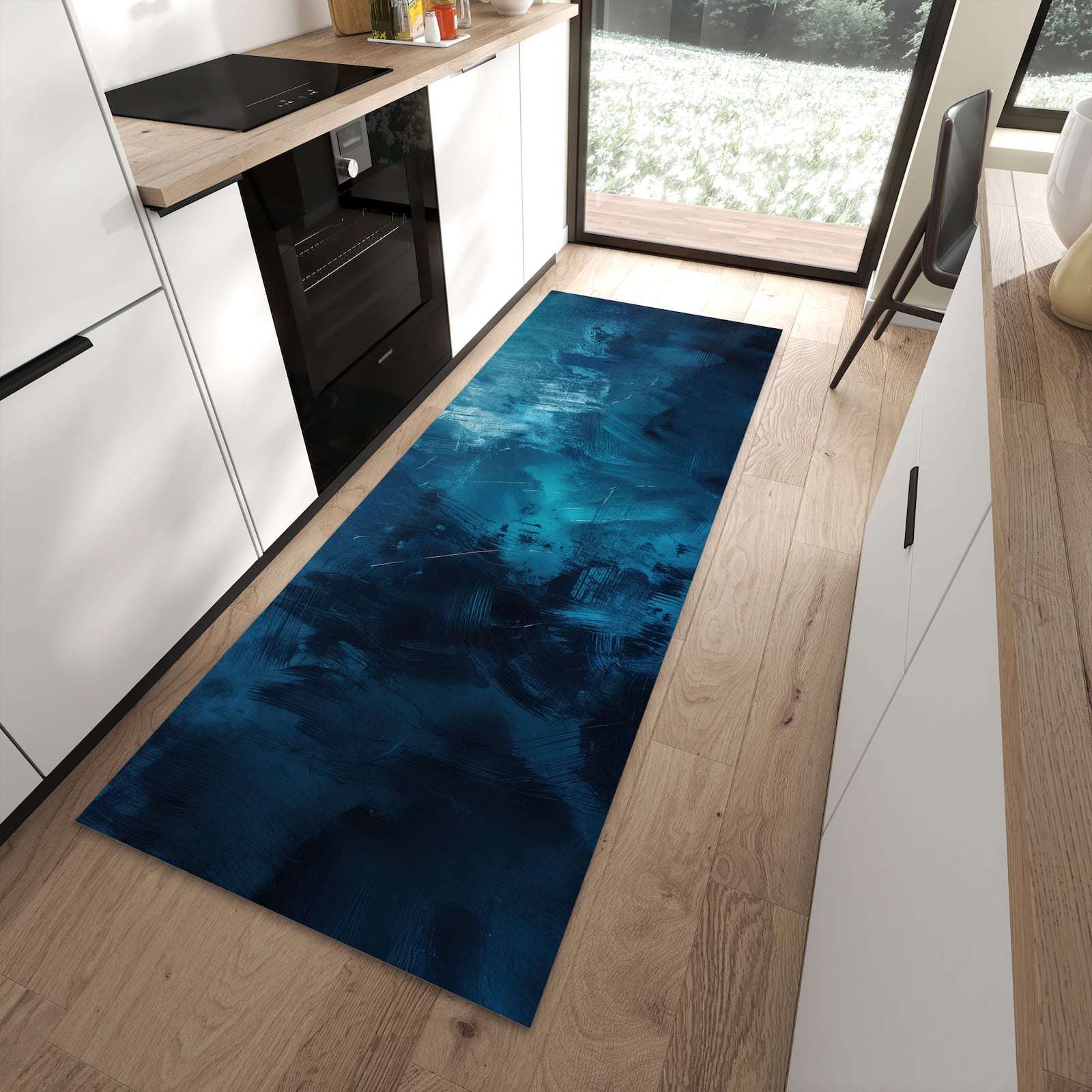 Waschbarer Küchenteppich mit Motiv Abstrakte Blautöne in moderner Küche