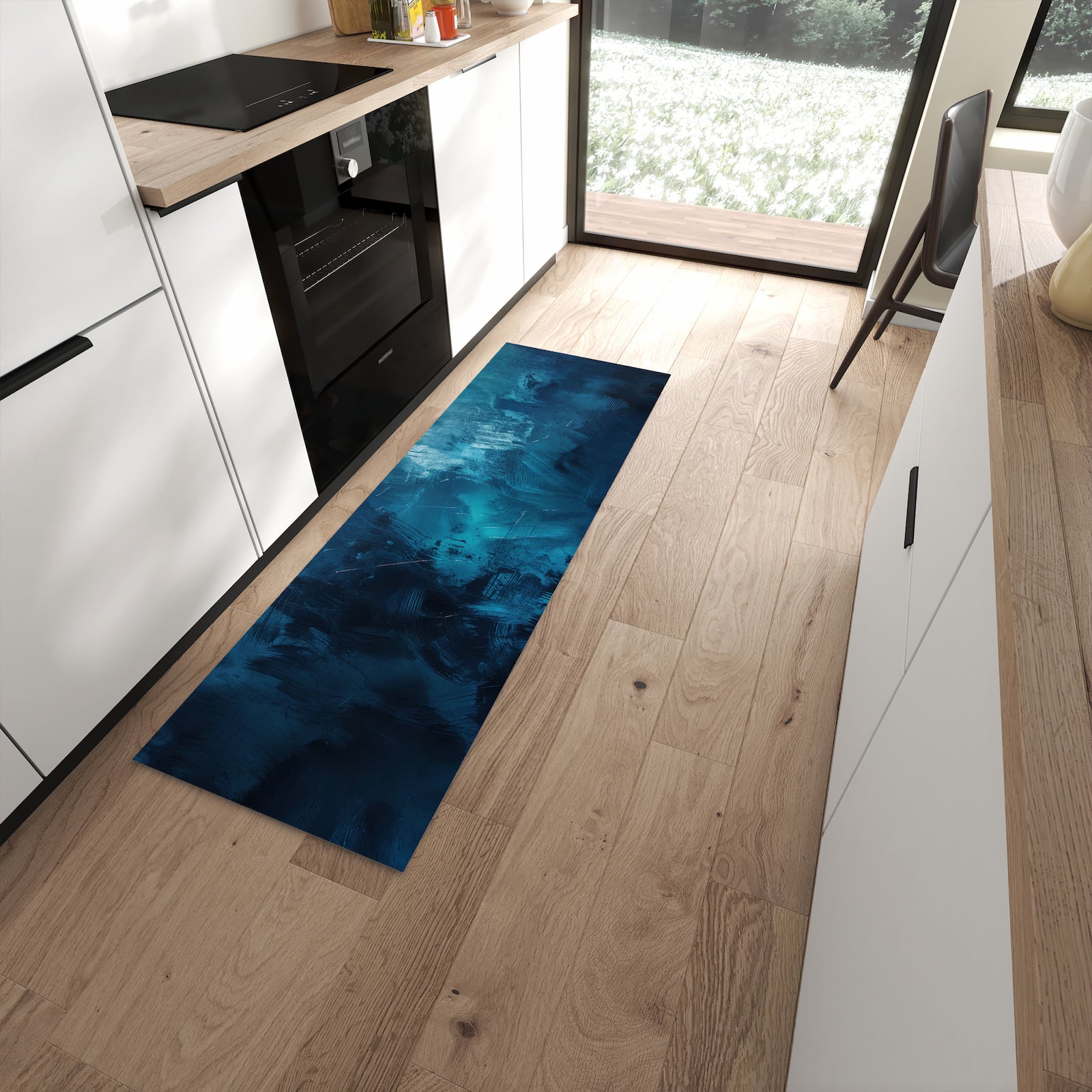 Fleckenresistenter Küchenteppich mit Motiv Abstrakte Blautöne in moderner Küche